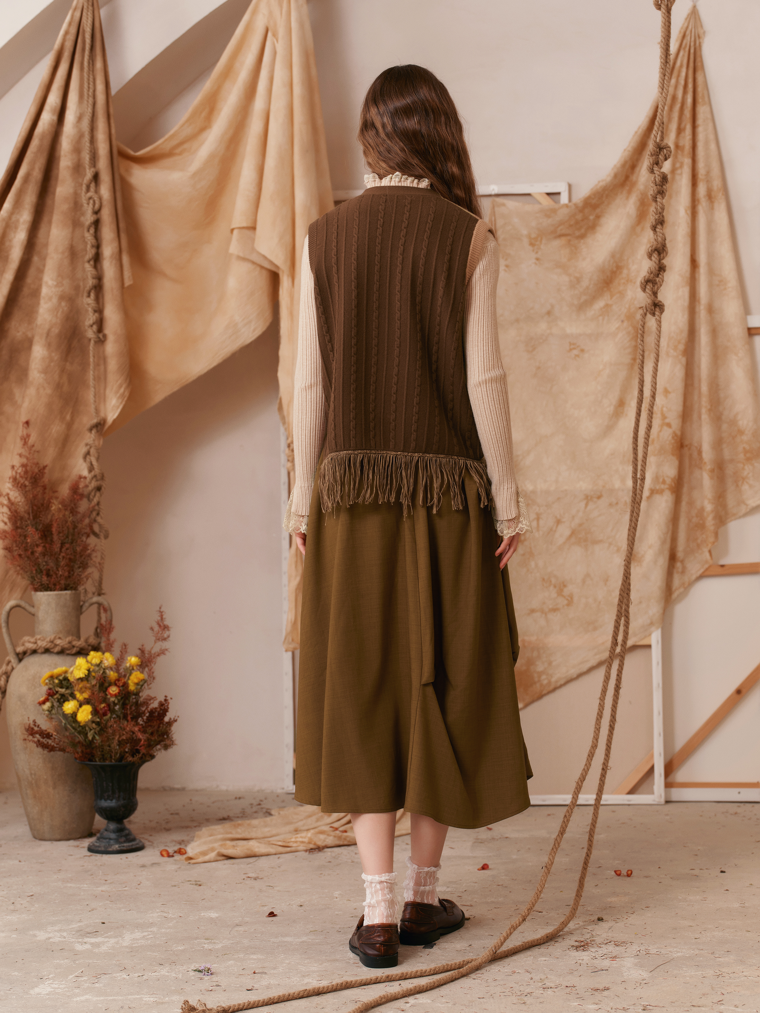 Brown Floral Tulip Wide-Hem Skirt