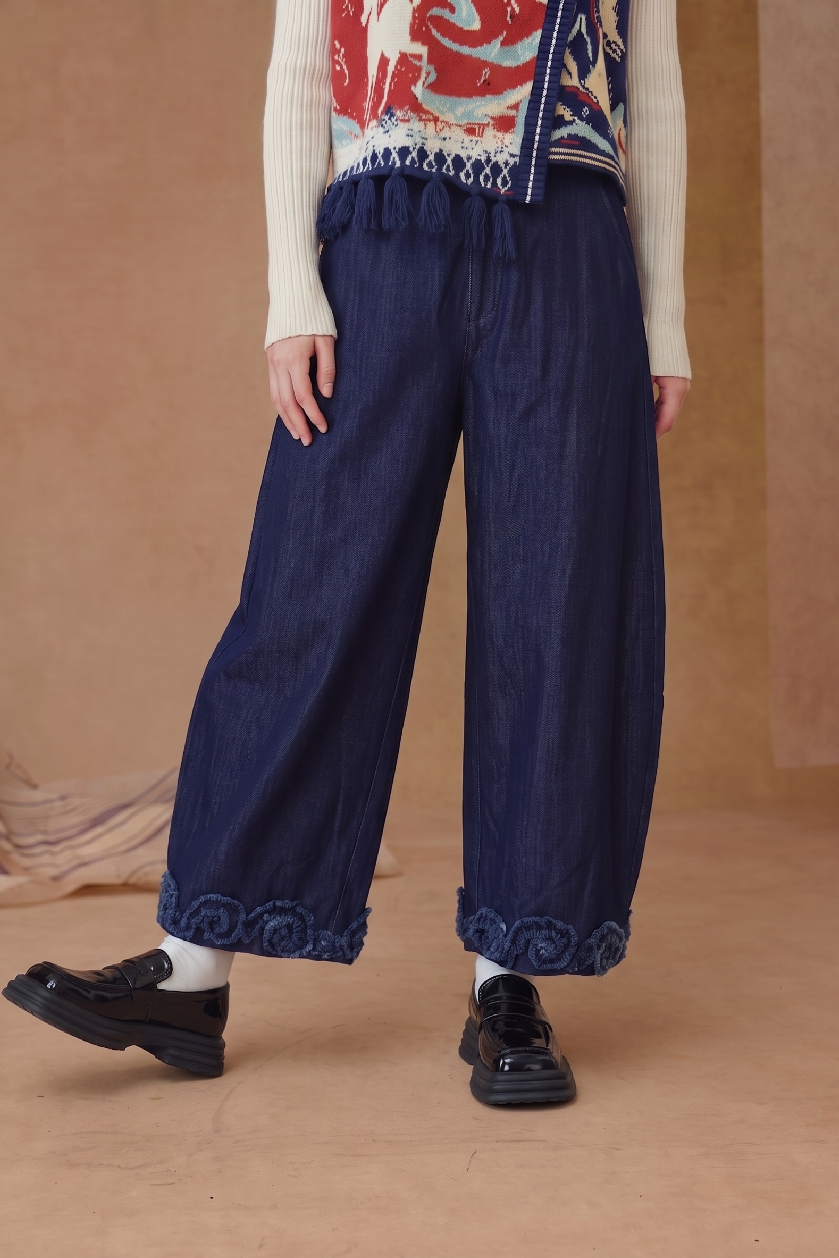Navy Embroidered Wide-Leg Pants with Tie Waist-LYONSENS