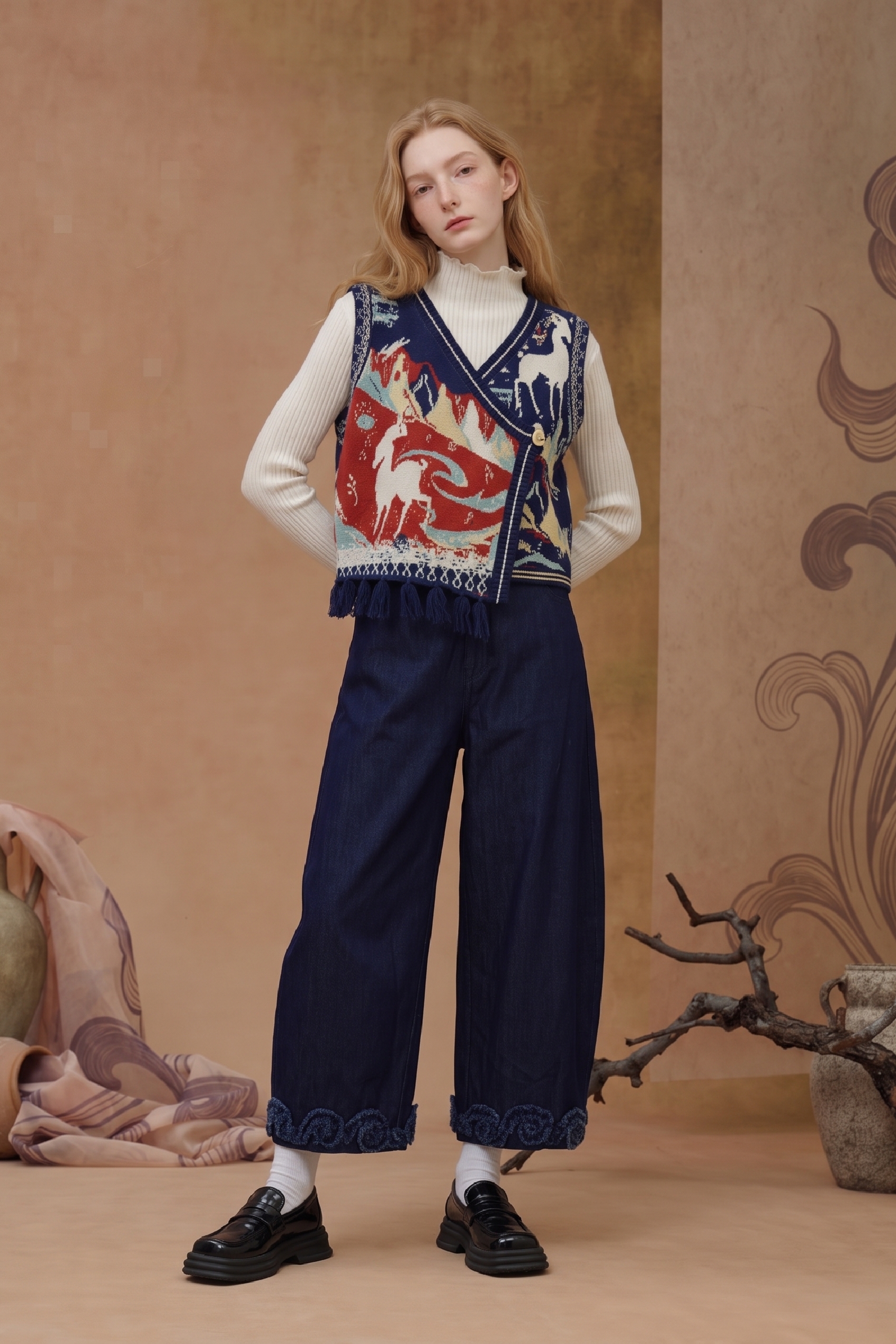 Navy Embroidered Wide-Leg Pants with Tie Waist-LYONSENS