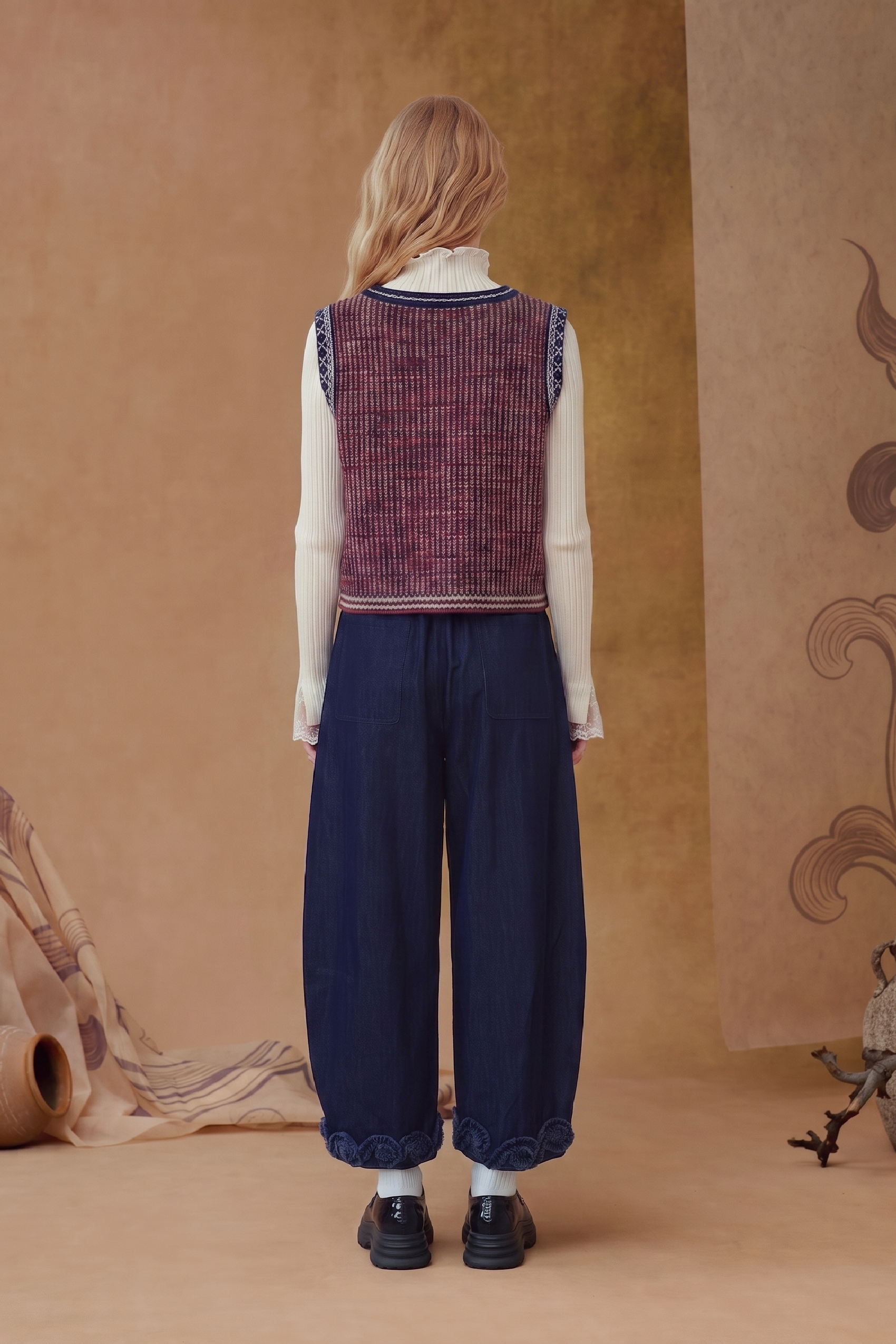 Navy Embroidered Wide-Leg Pants with Tie Waist-LYONSENS
