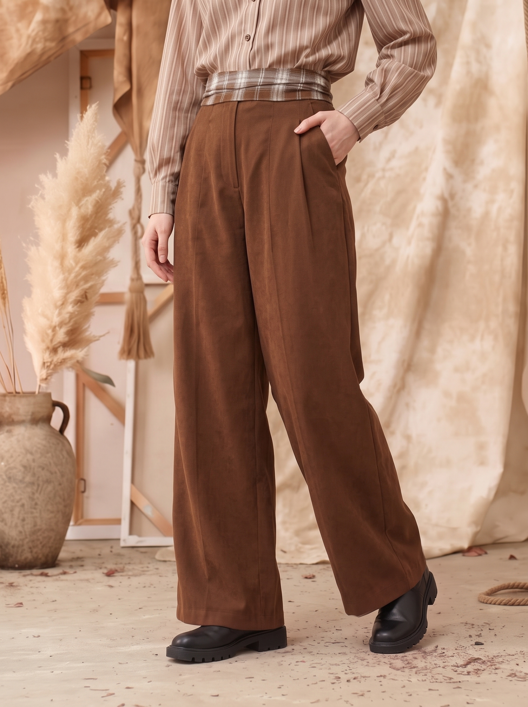Textured Loose Wide-Leg Trousers