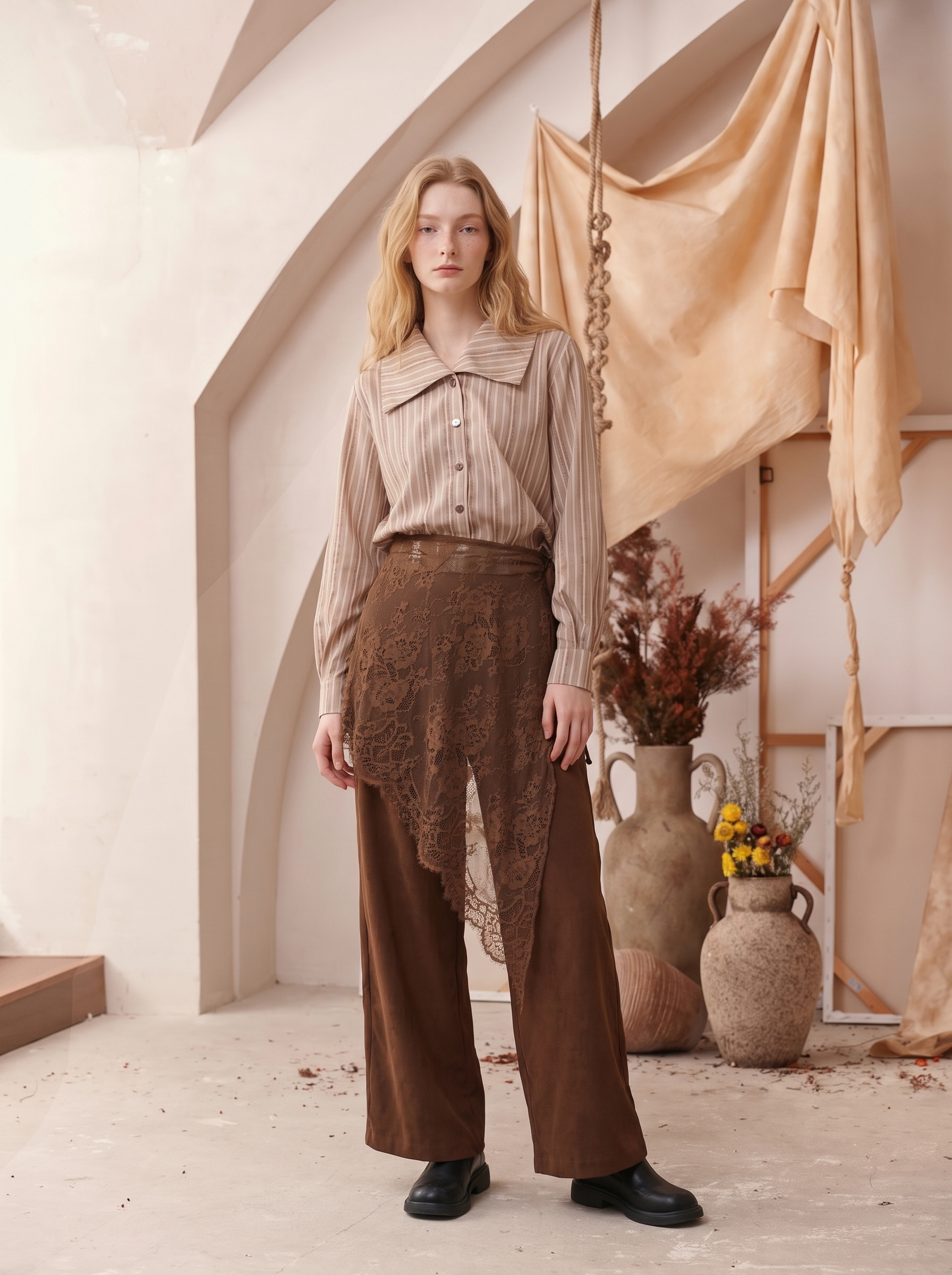 Textured Loose Wide-Leg Trousers