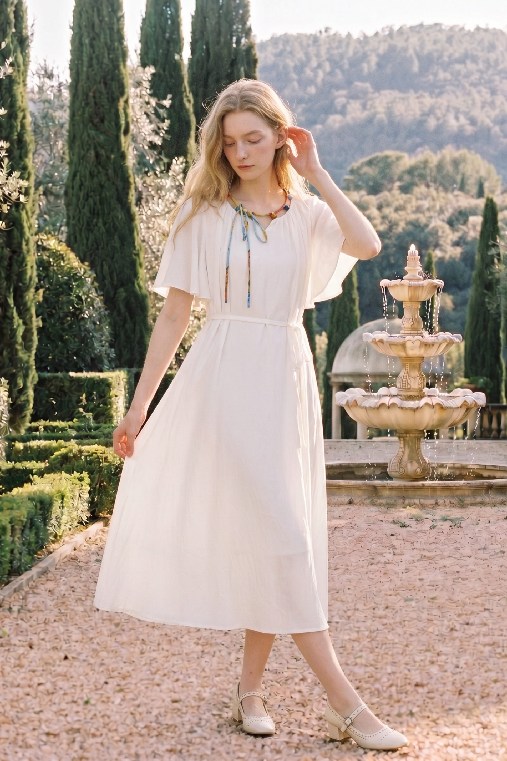 Puff Sleeve Waist Cinched Midi Dress