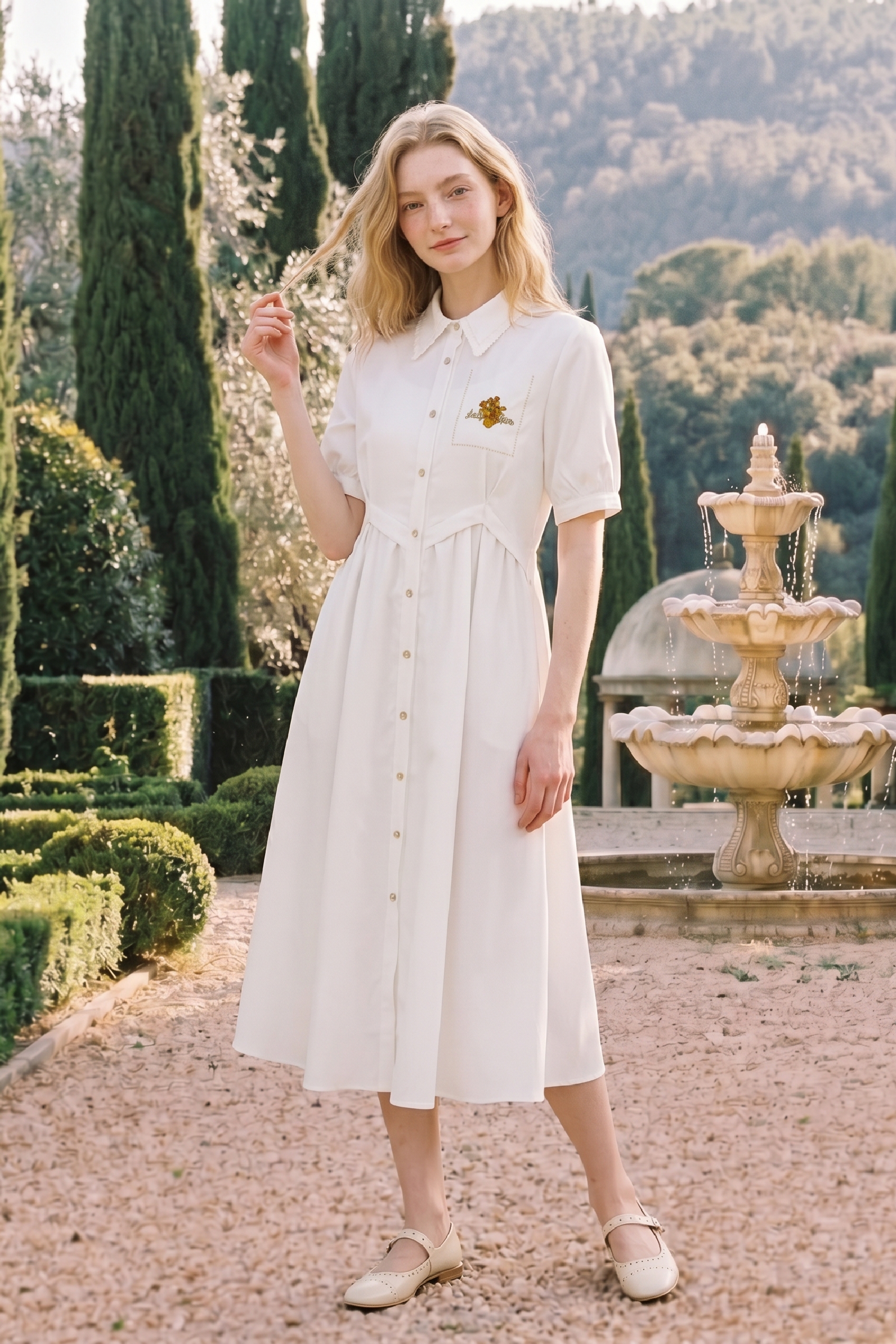 Lapel Collar Waistband Midi Dress