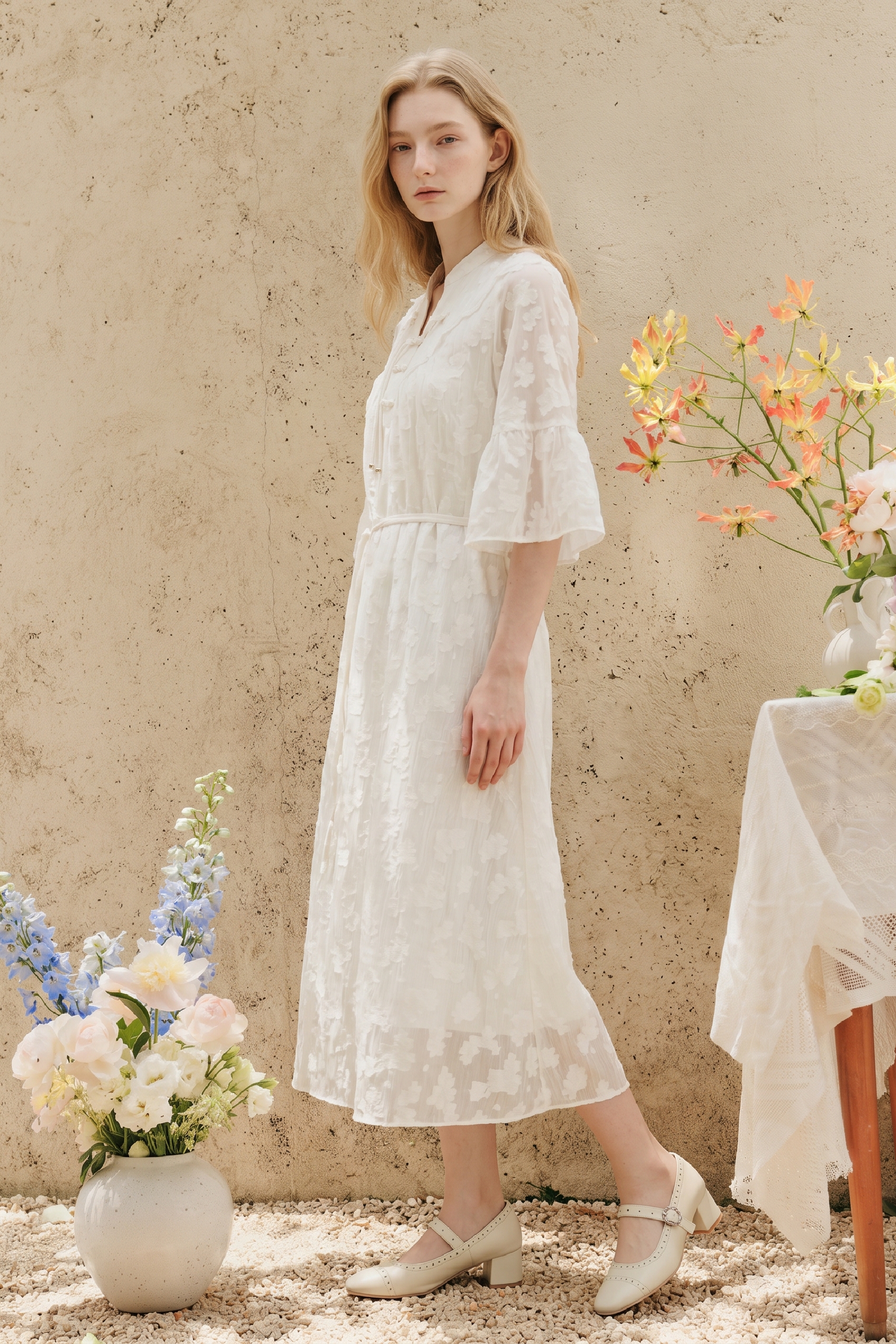 Puff Sleeve Knee-Length Midi Dress-LYONSENS