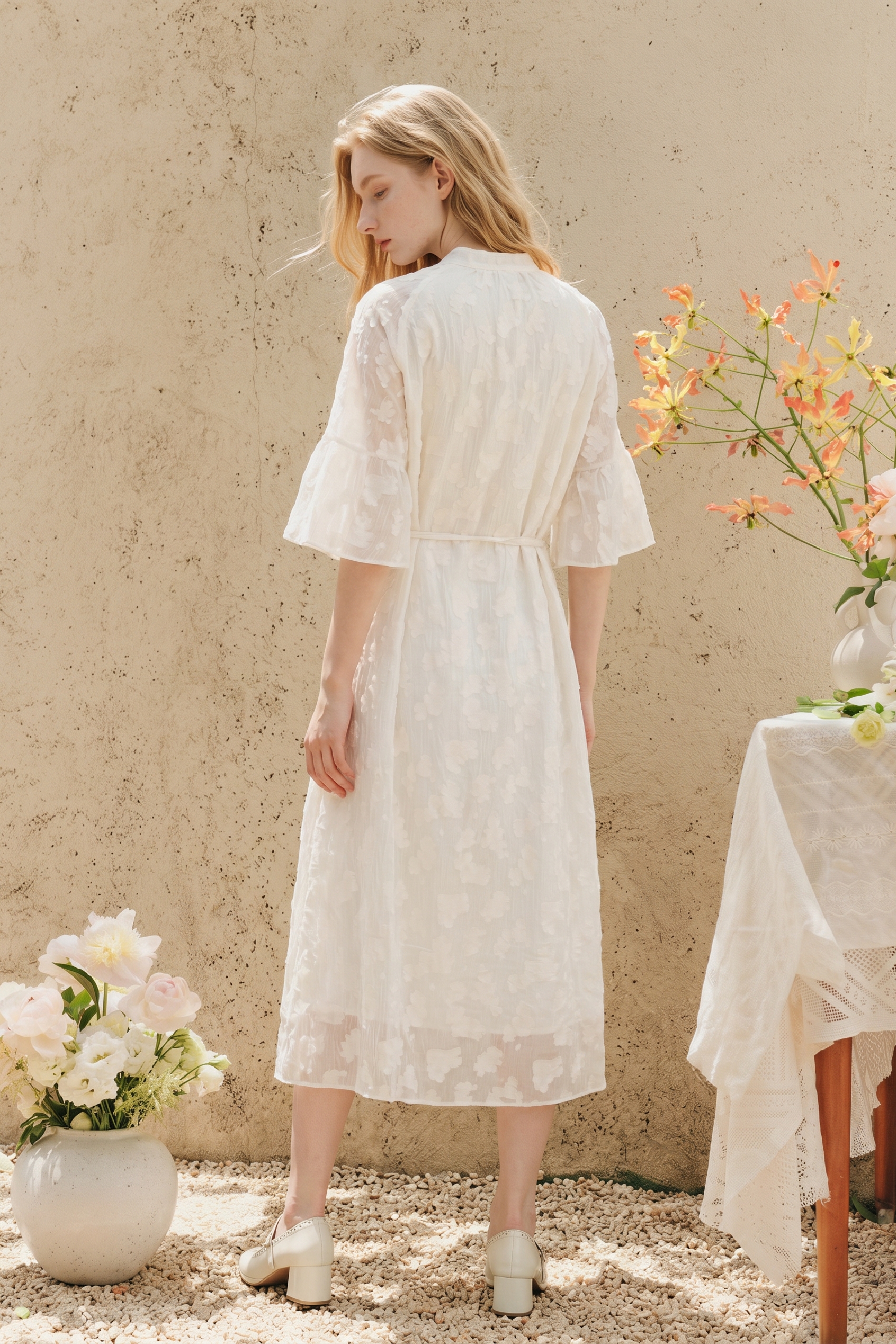 Puff Sleeve Knee-Length Midi Dress-LYONSENS