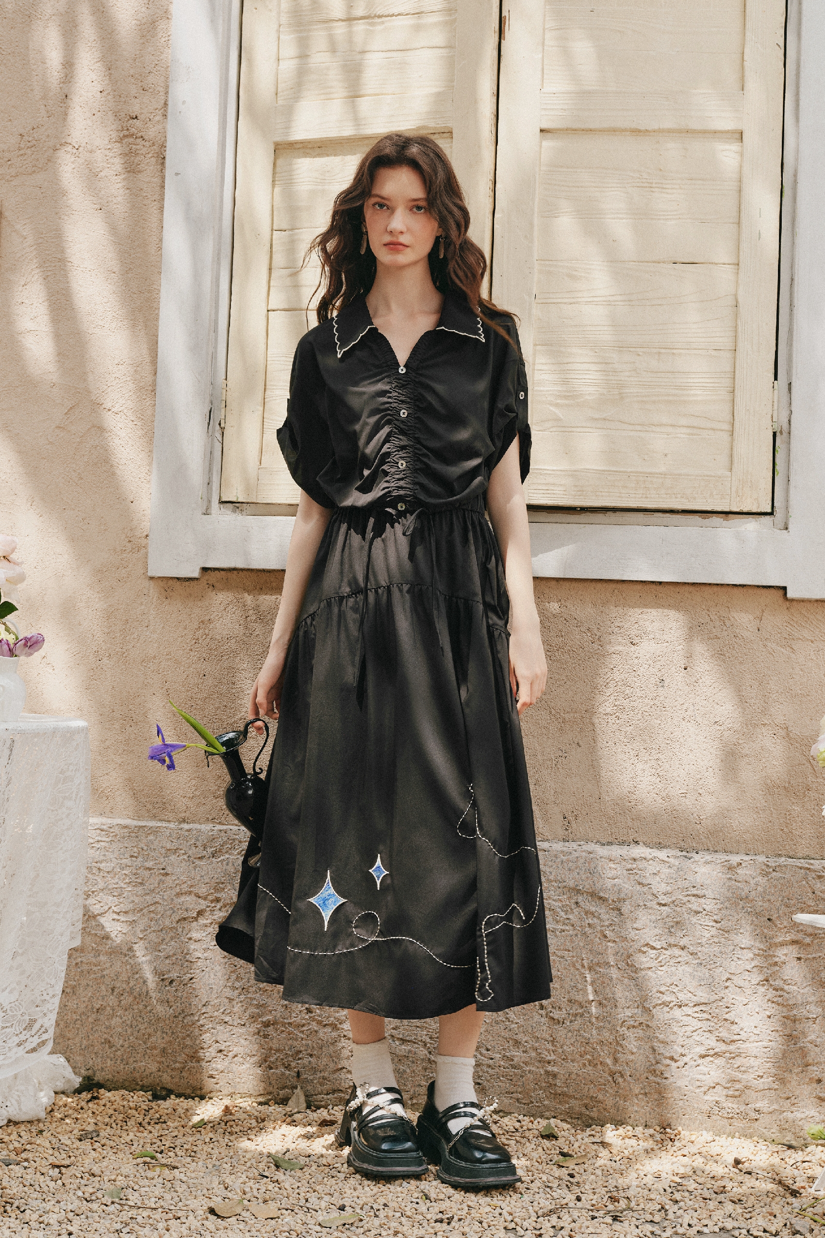 Waist Cinched Flowy Long Dress
