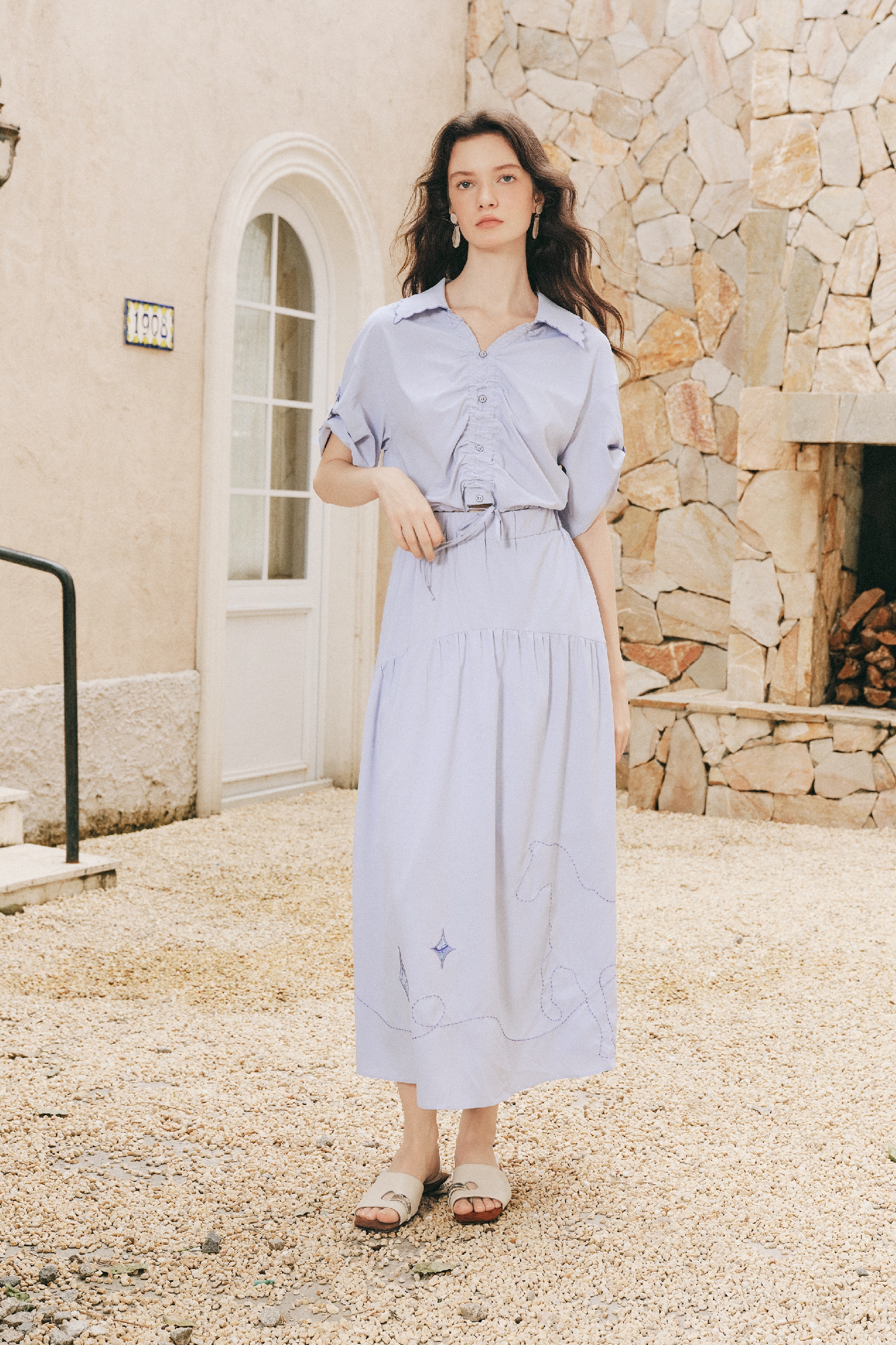Waist Cinched Flowy Long Dress