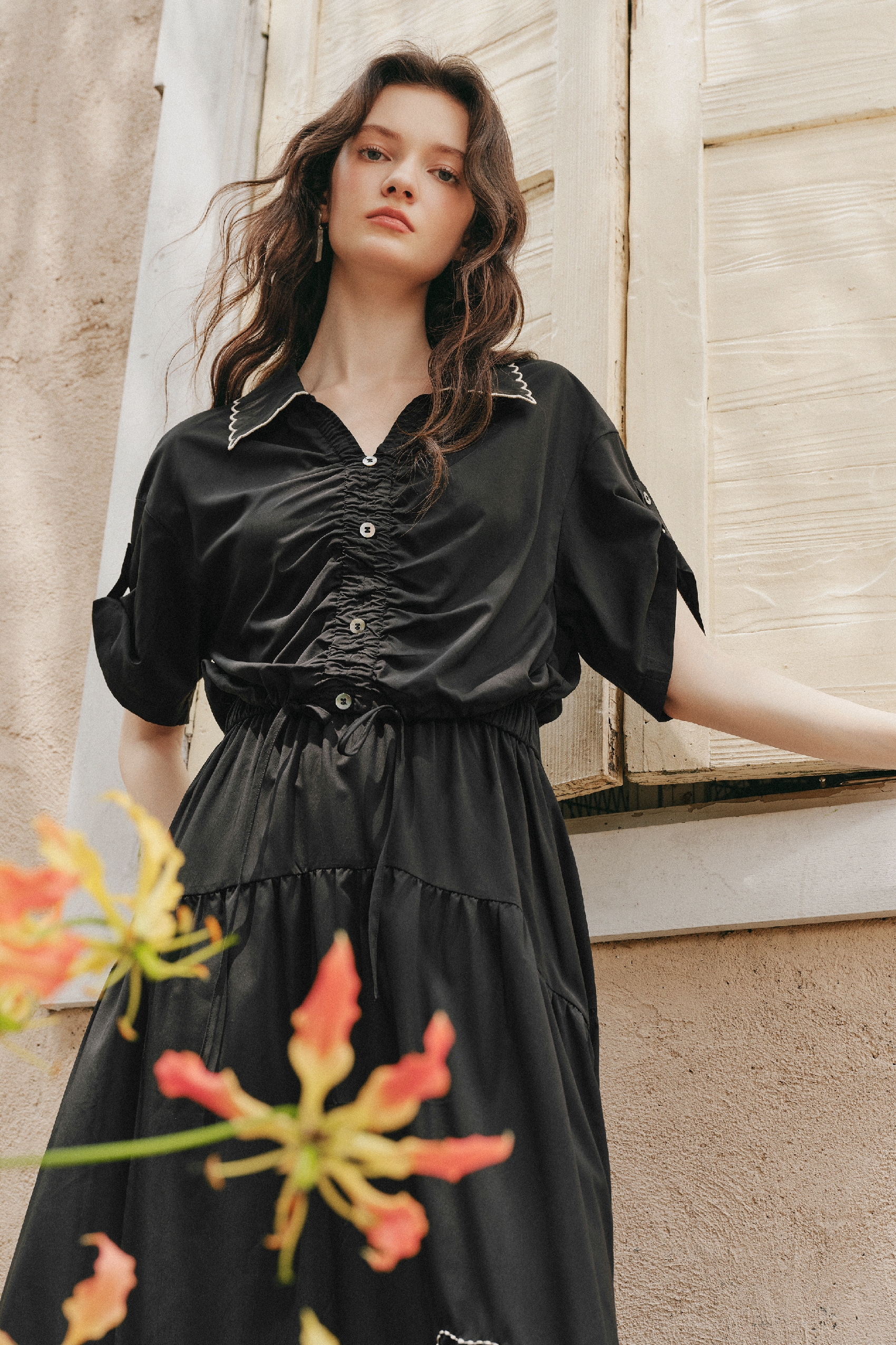 Waist Cinched Flowy Long Dress