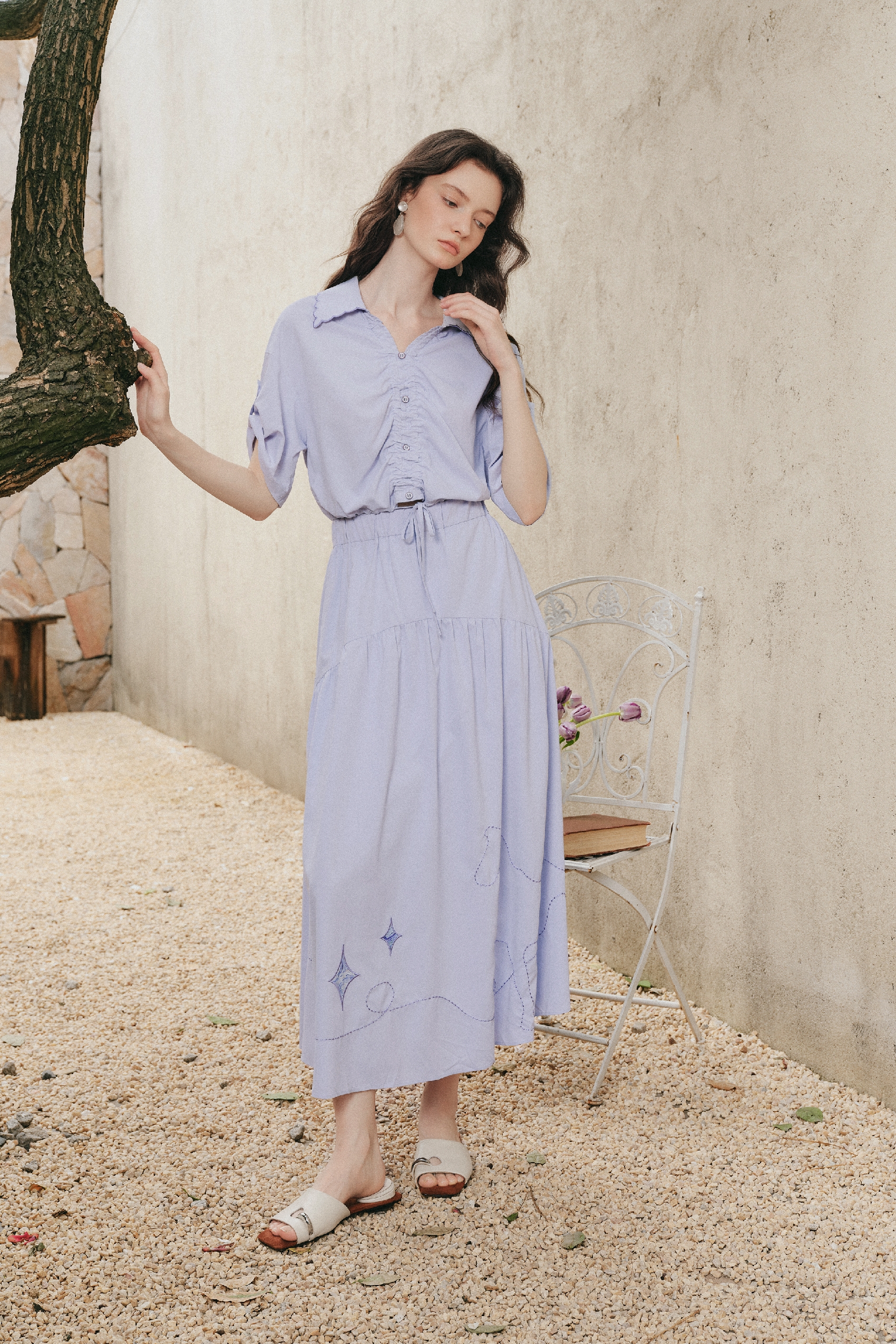 Waist Cinched Flowy Long Dress