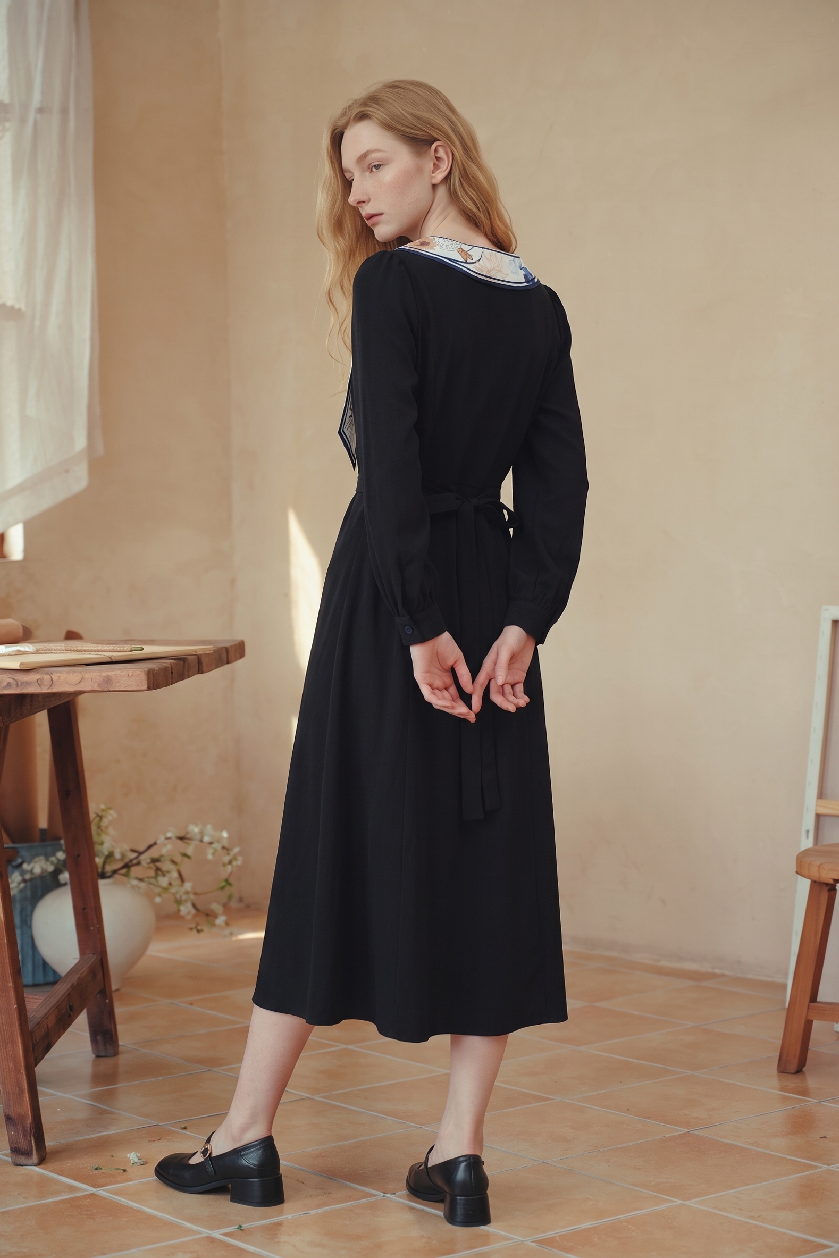 Scarf‑collar Black Long‑sleeve Dress-LYONSENS