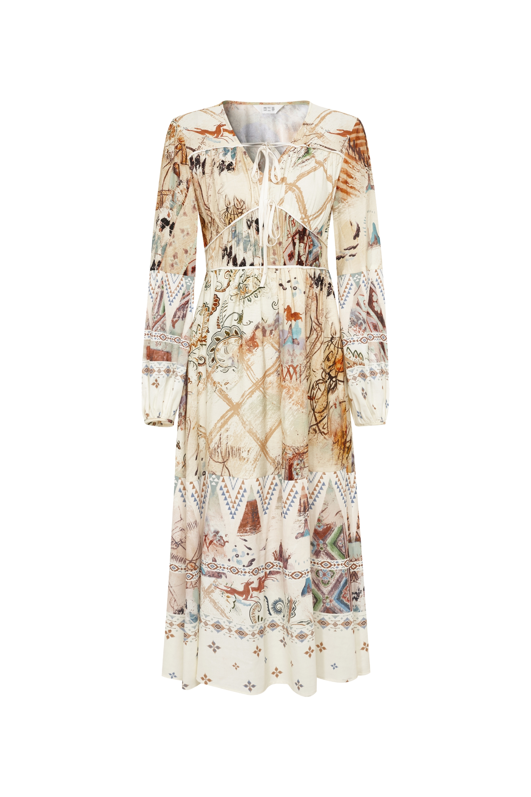 Printed Long Sleeve Midi Dress with Tie Waist-LYONSENS
