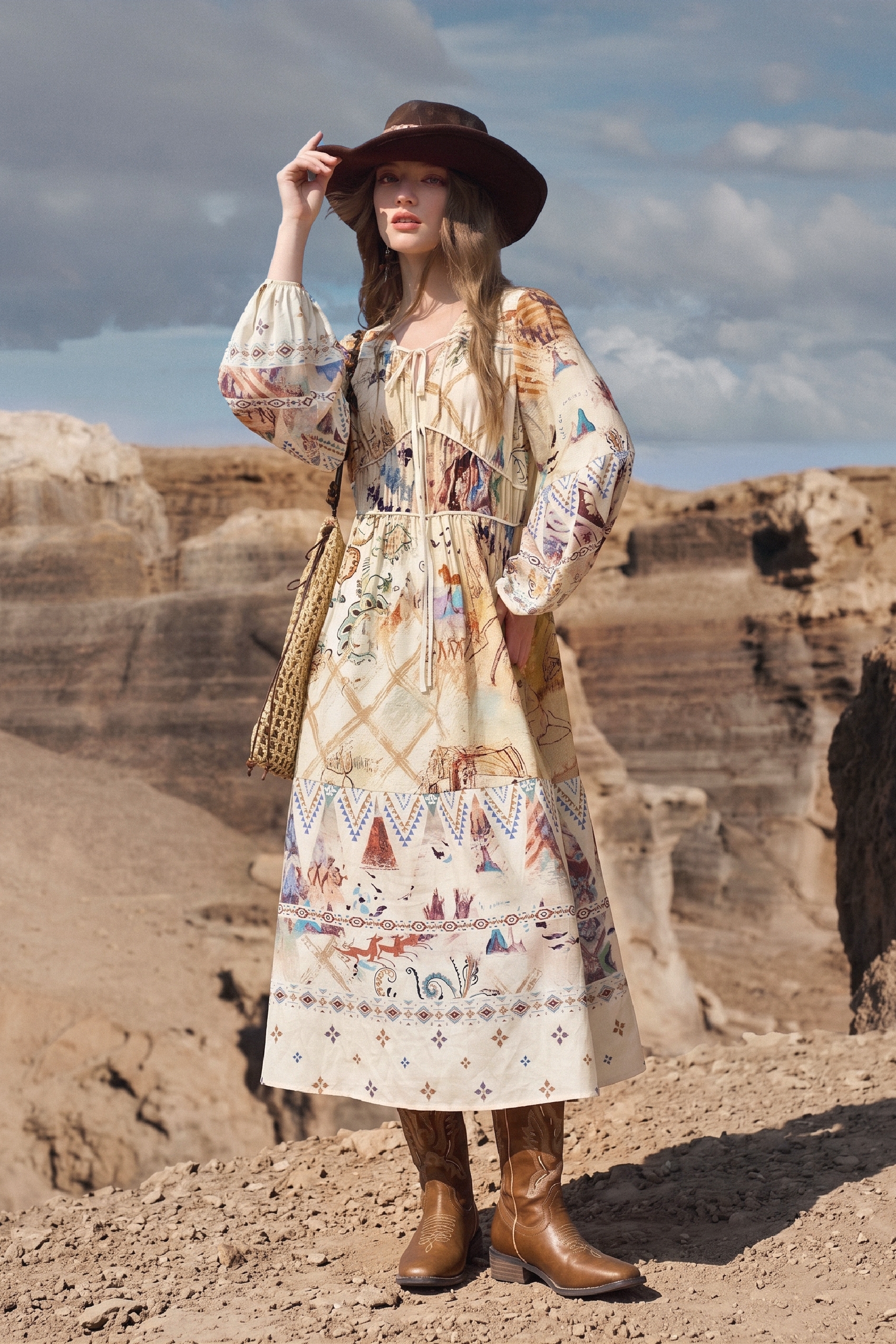 Printed Long Sleeve Midi Dress with Tie Waist-LYONSENS