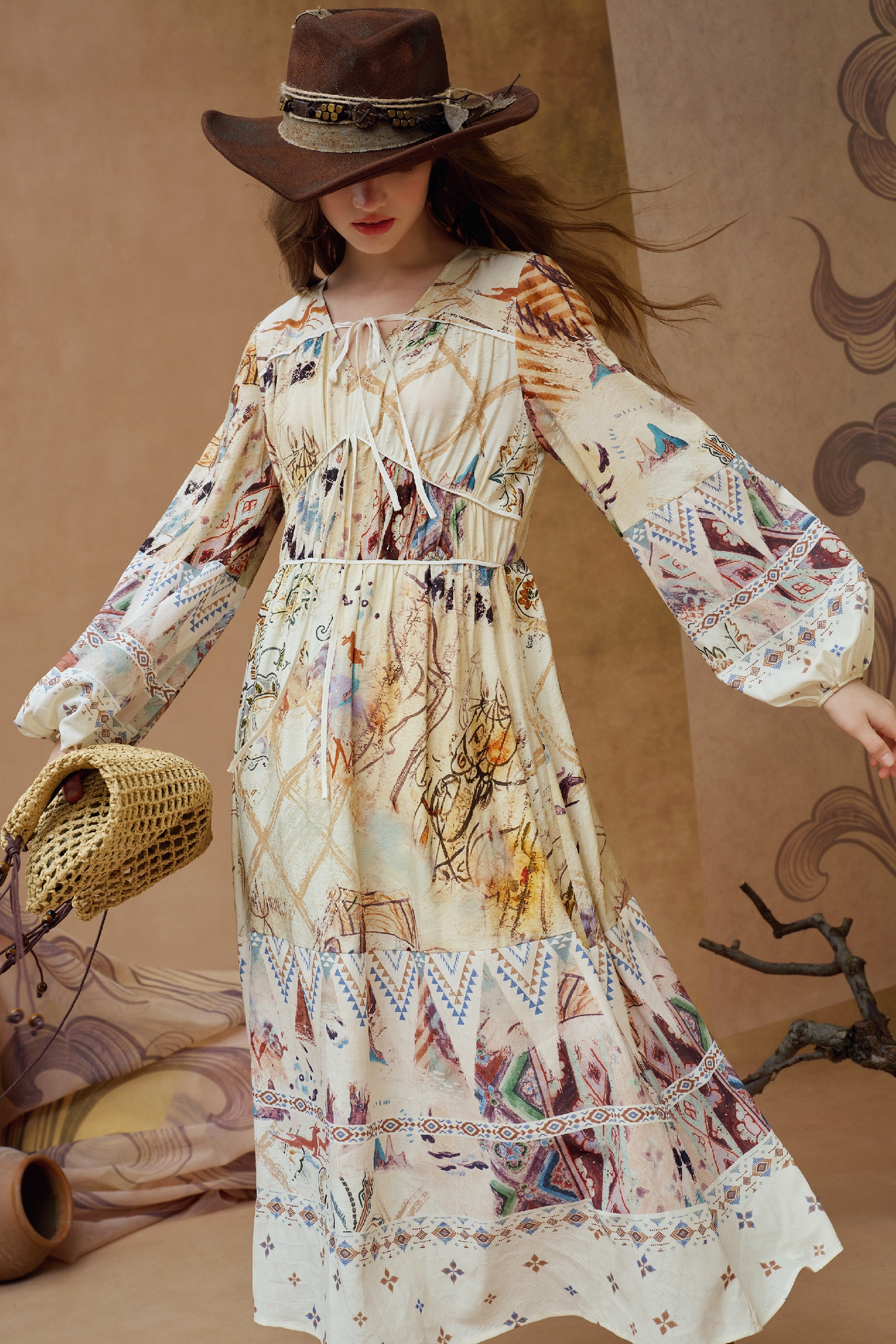 Printed Long Sleeve Midi Dress with Tie Waist-LYONSENS