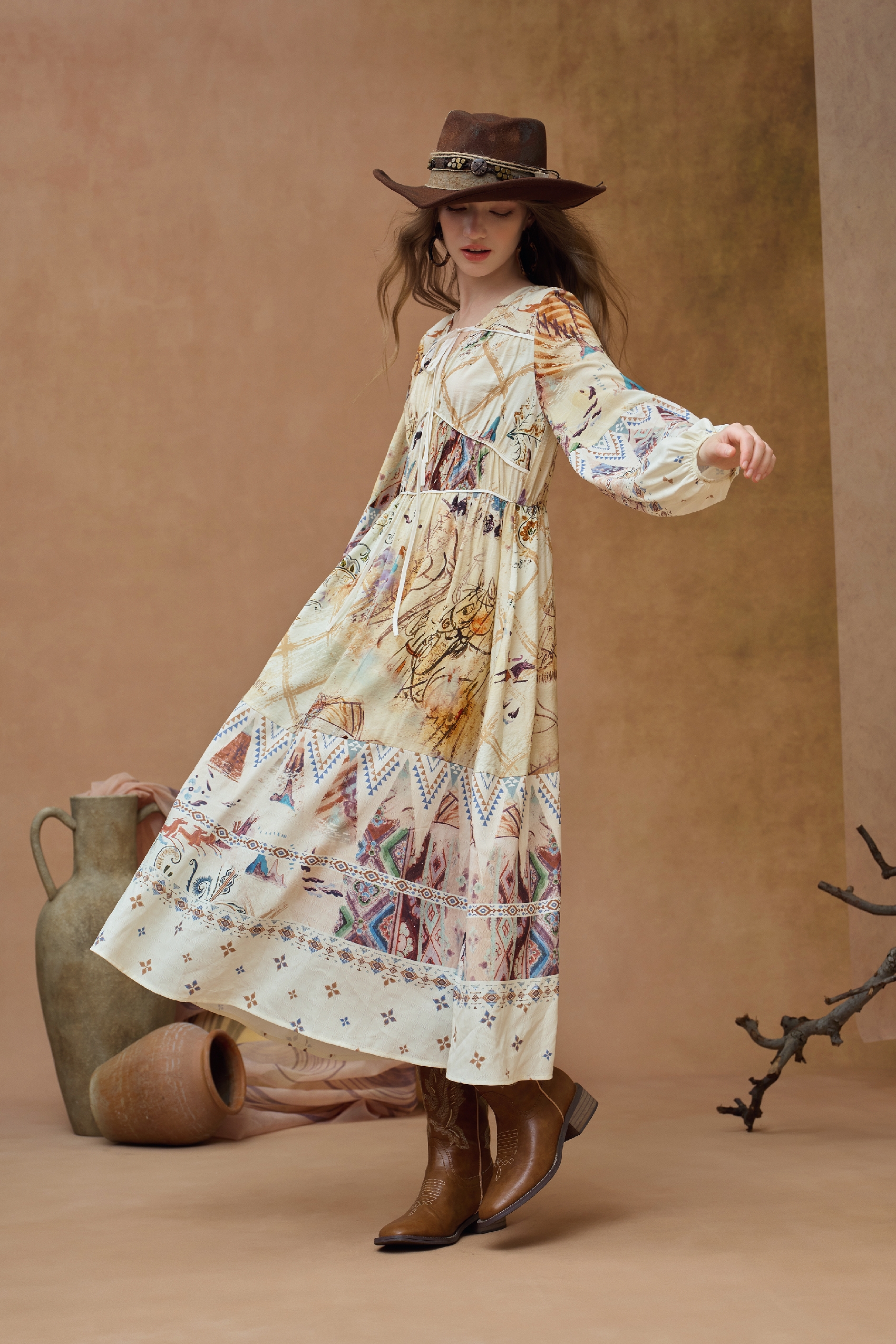 Printed Long Sleeve Midi Dress with Tie Waist-LYONSENS
