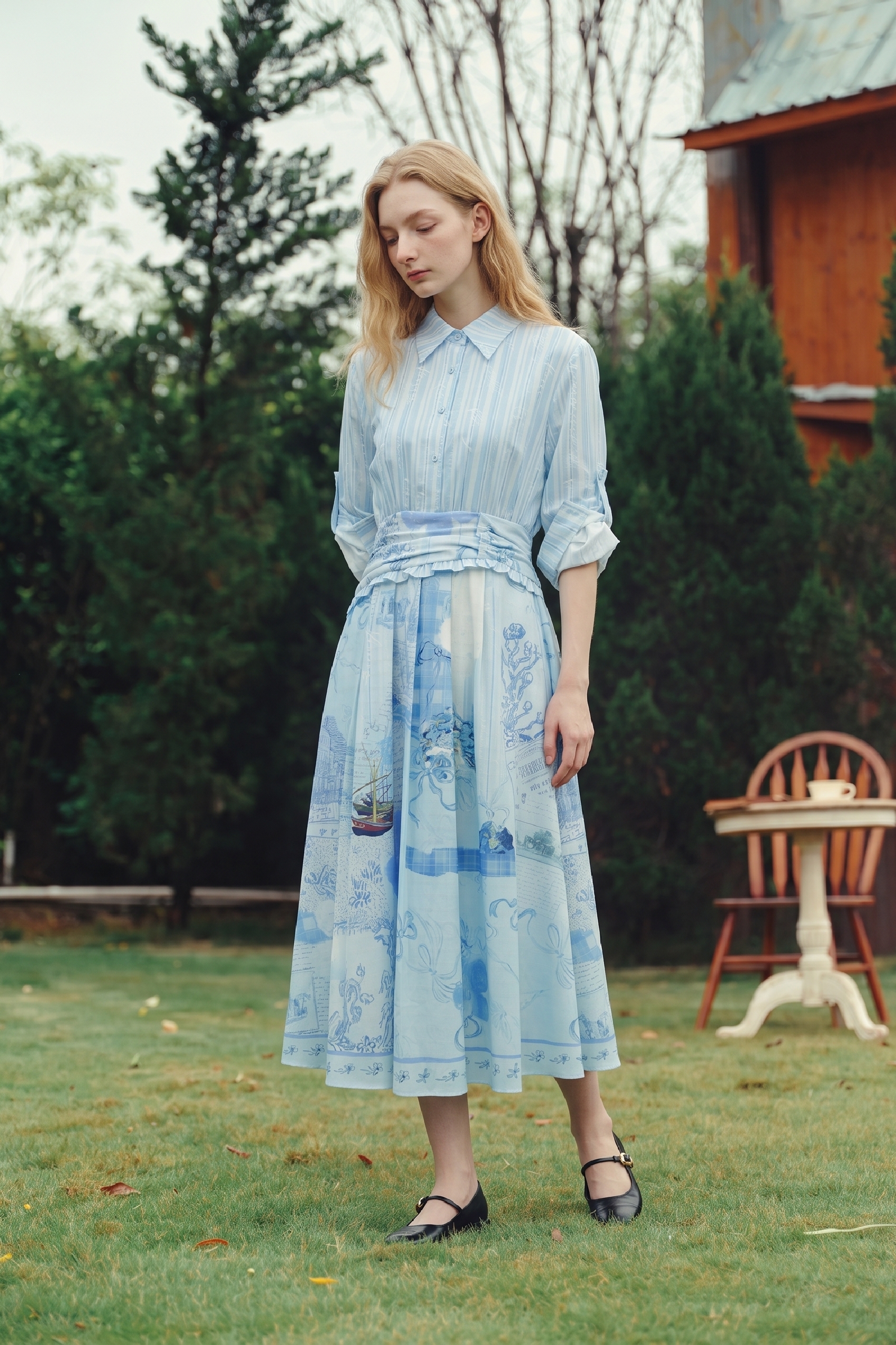 Blue Lapel Collar Dress-LYONSENS