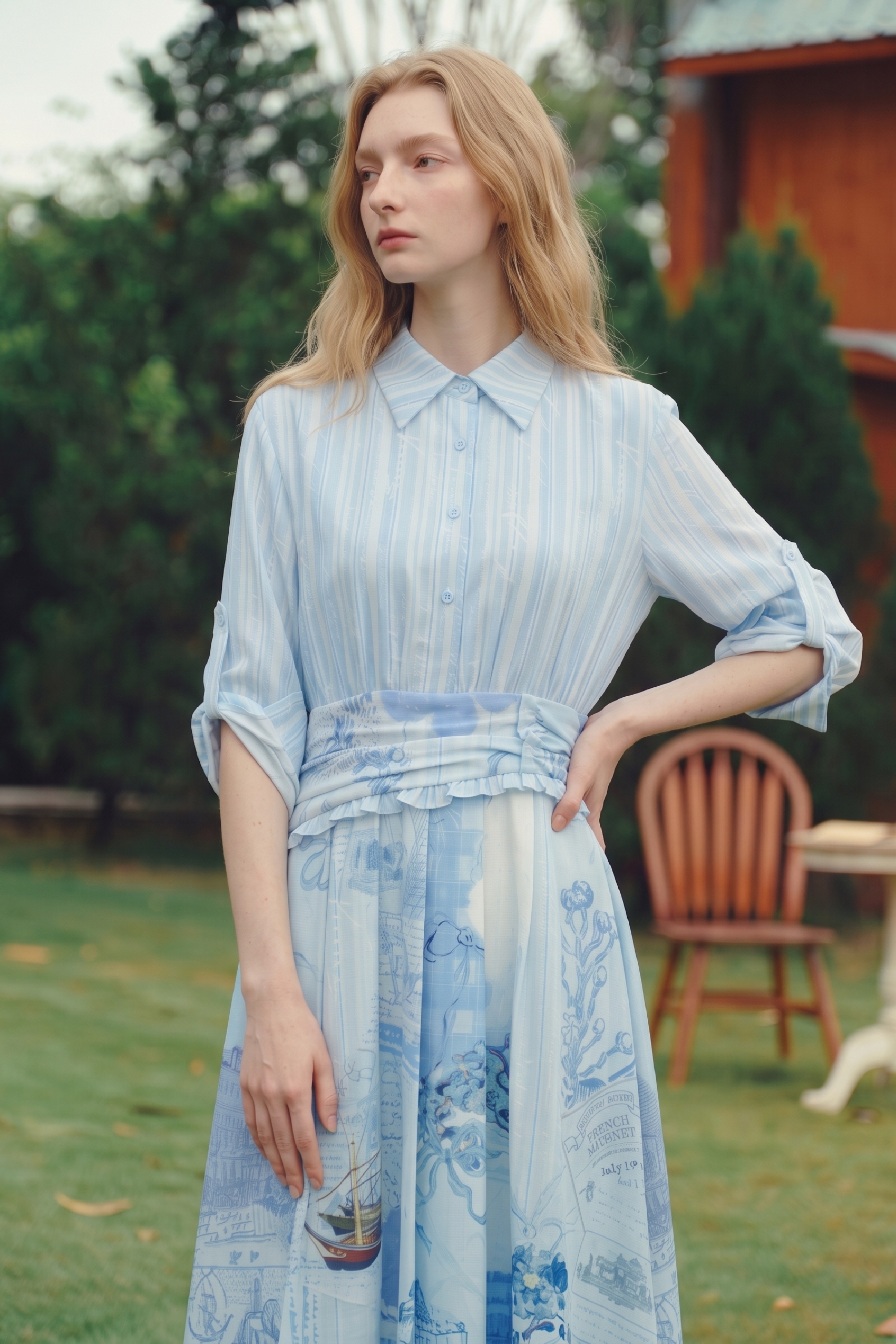 Blue Lapel Collar Dress-LYONSENS