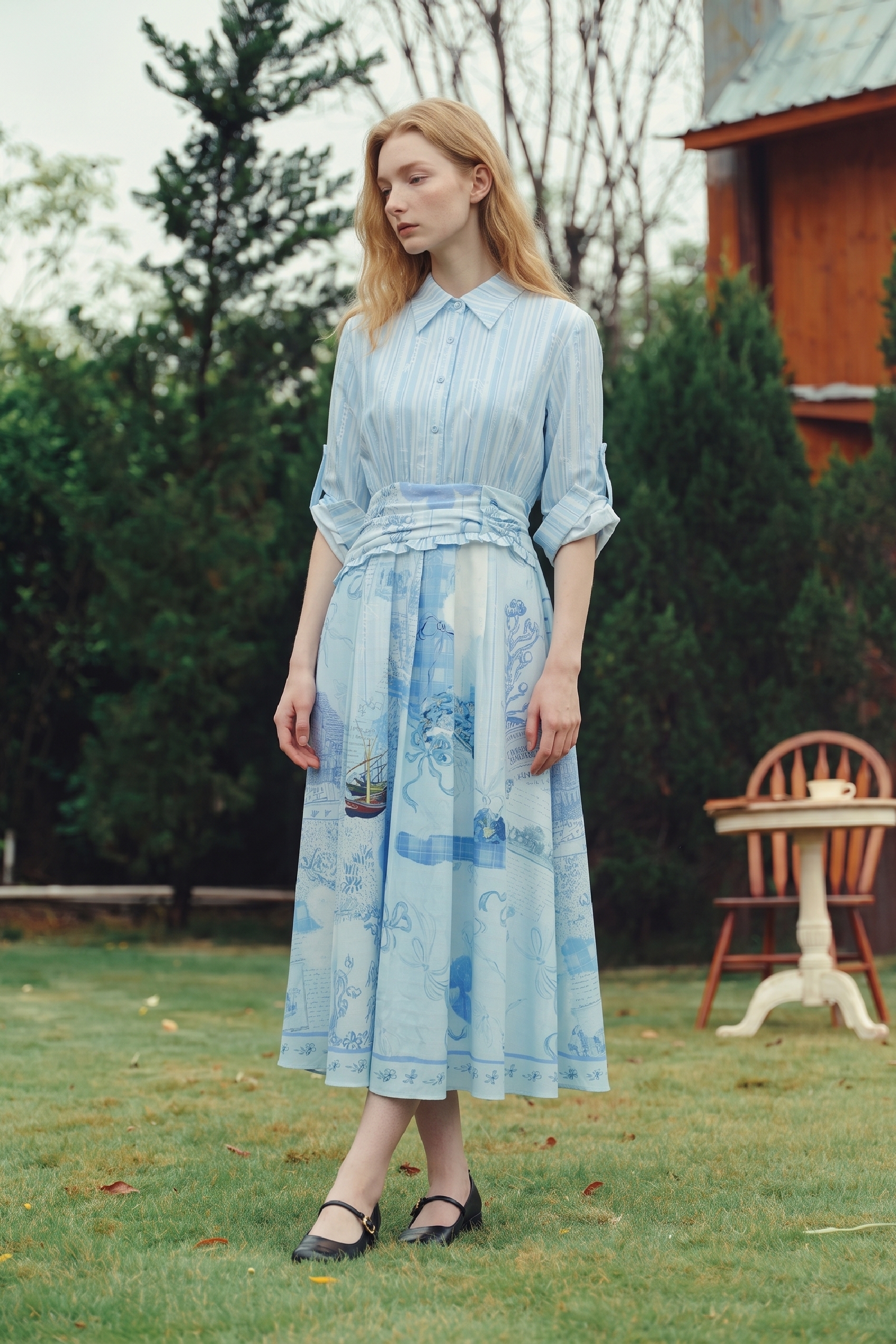 Blue Lapel Collar Dress-LYONSENS