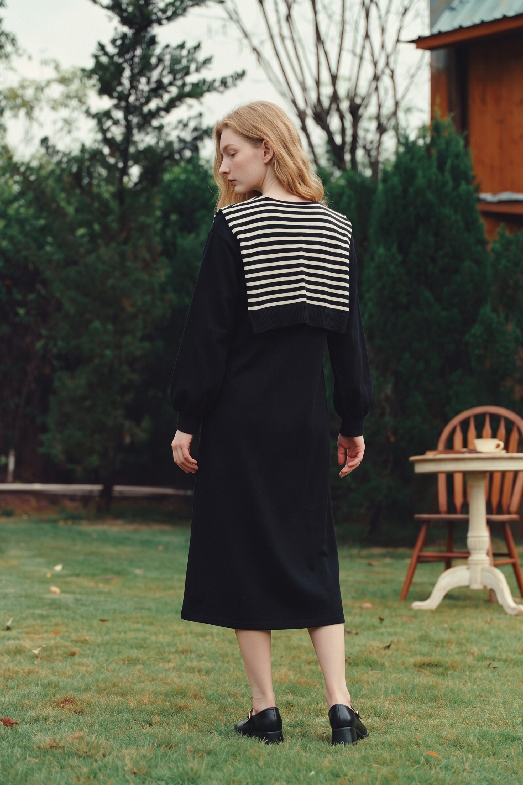 Cape‑style Printed Long‑sleeve Dress