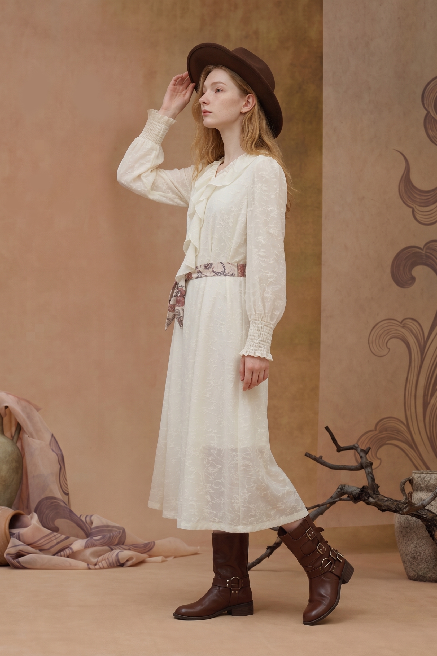 Ivory Ruffle Tie-Waist Midi Dress-LYONSENS