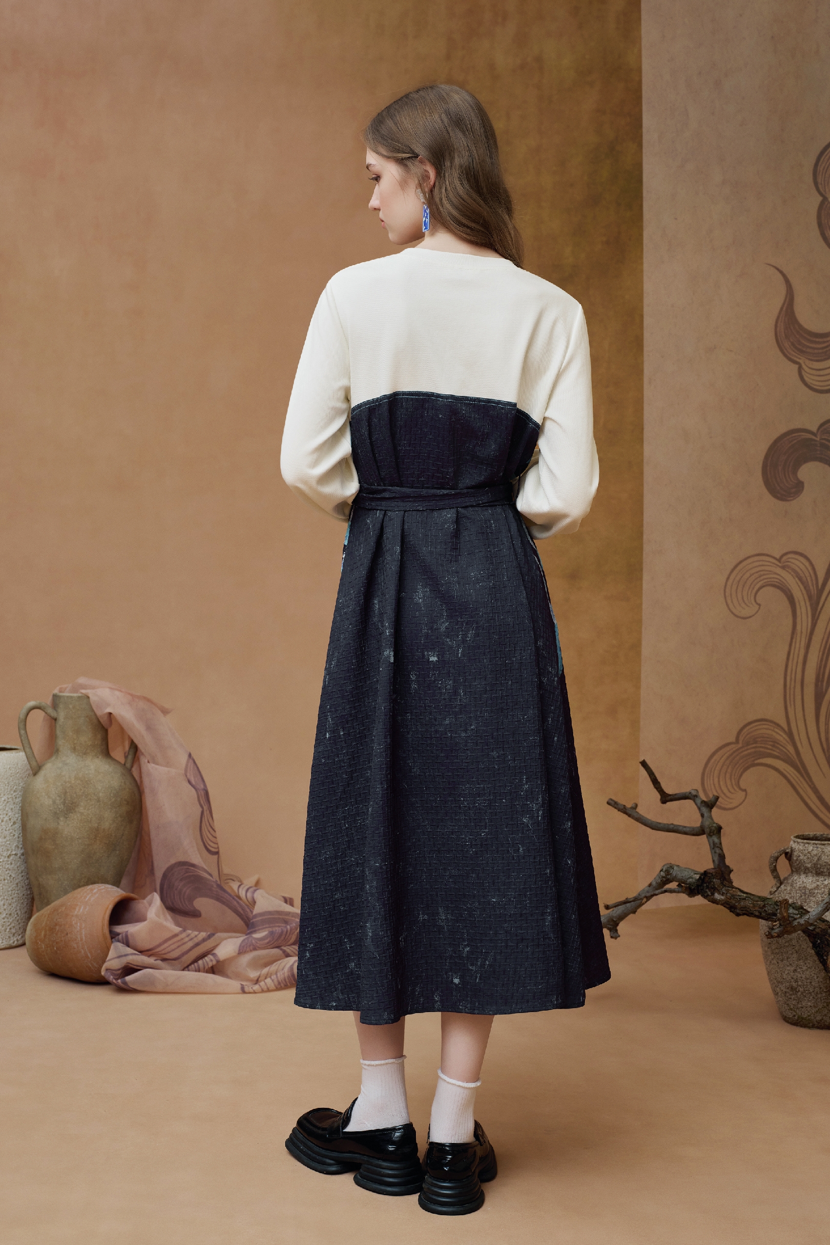 Embroidered Bow Waist A-Line Midi Dress-LYONSENS
