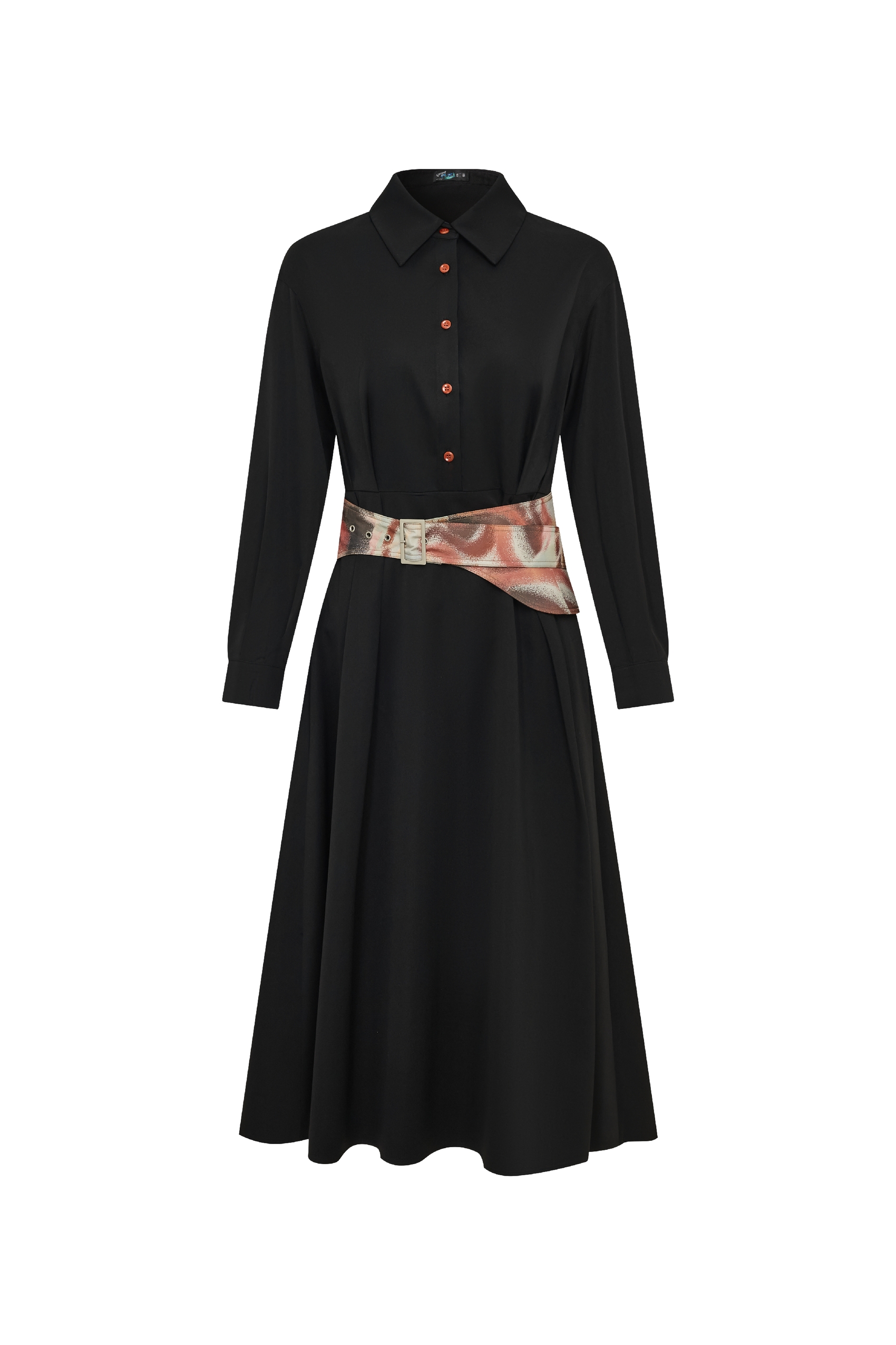 Black Tie-Waist Midi Shirt Dress-LYONSENS