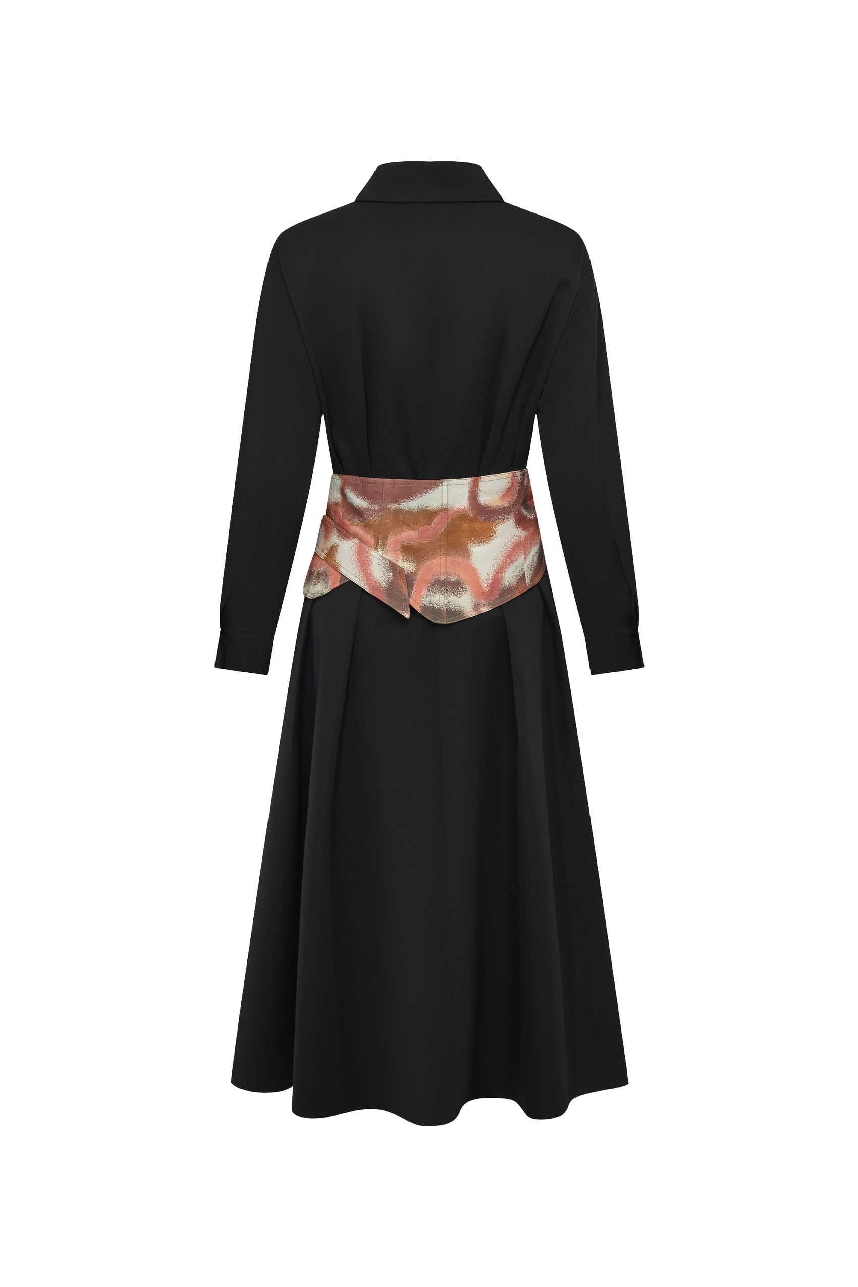 Black Tie-Waist Midi Shirt Dress-LYONSENS
