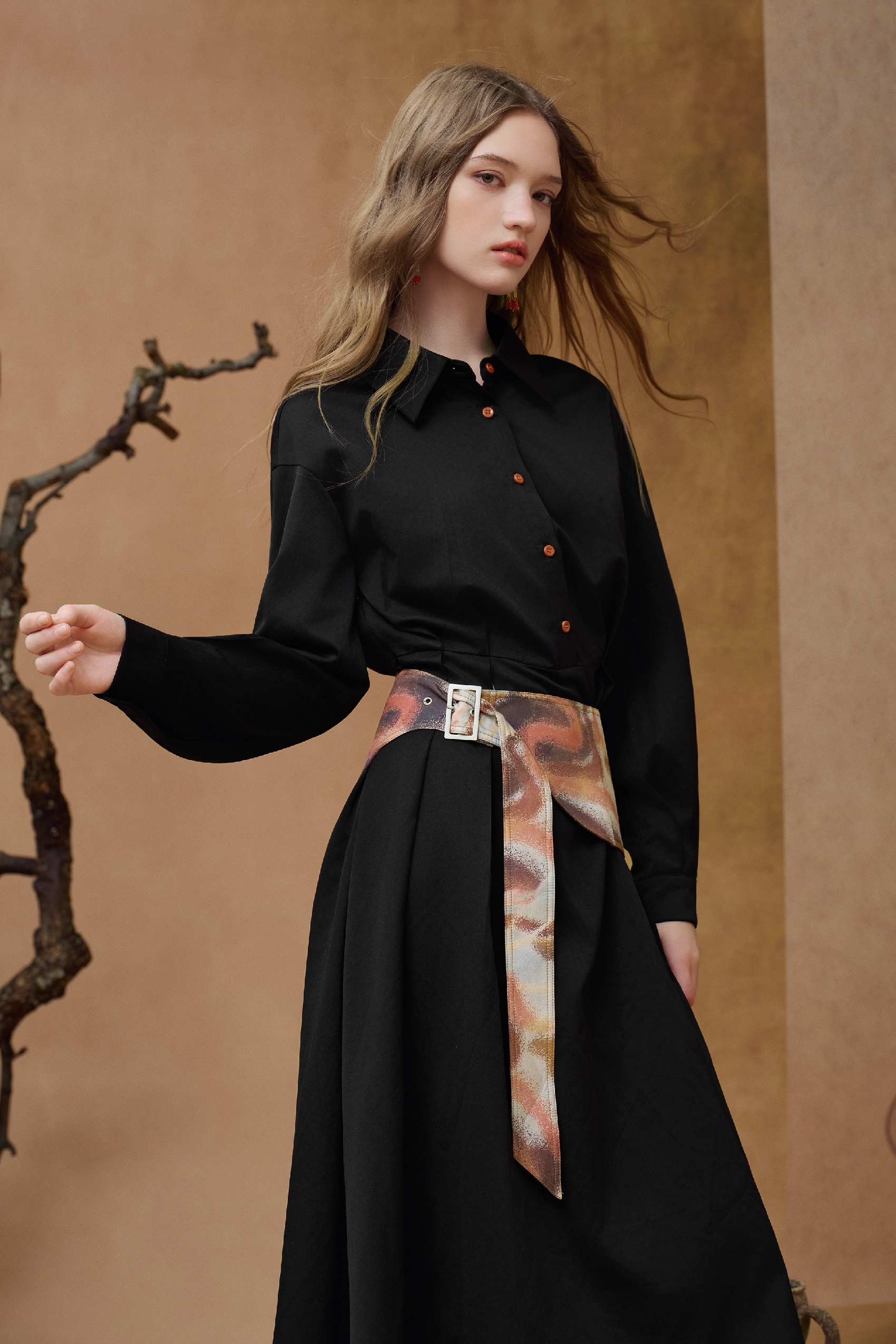 Black Tie-Waist Midi Shirt Dress-LYONSENS