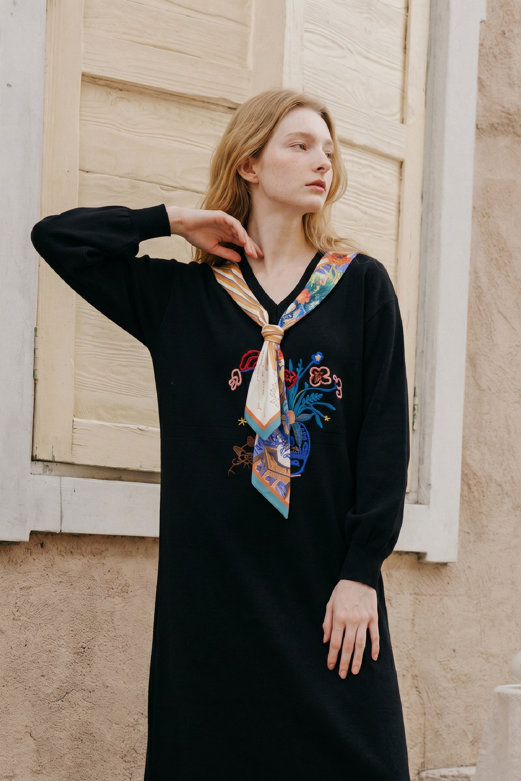 Spliced‑collar Long‑sleeve Dress-LYONSENS