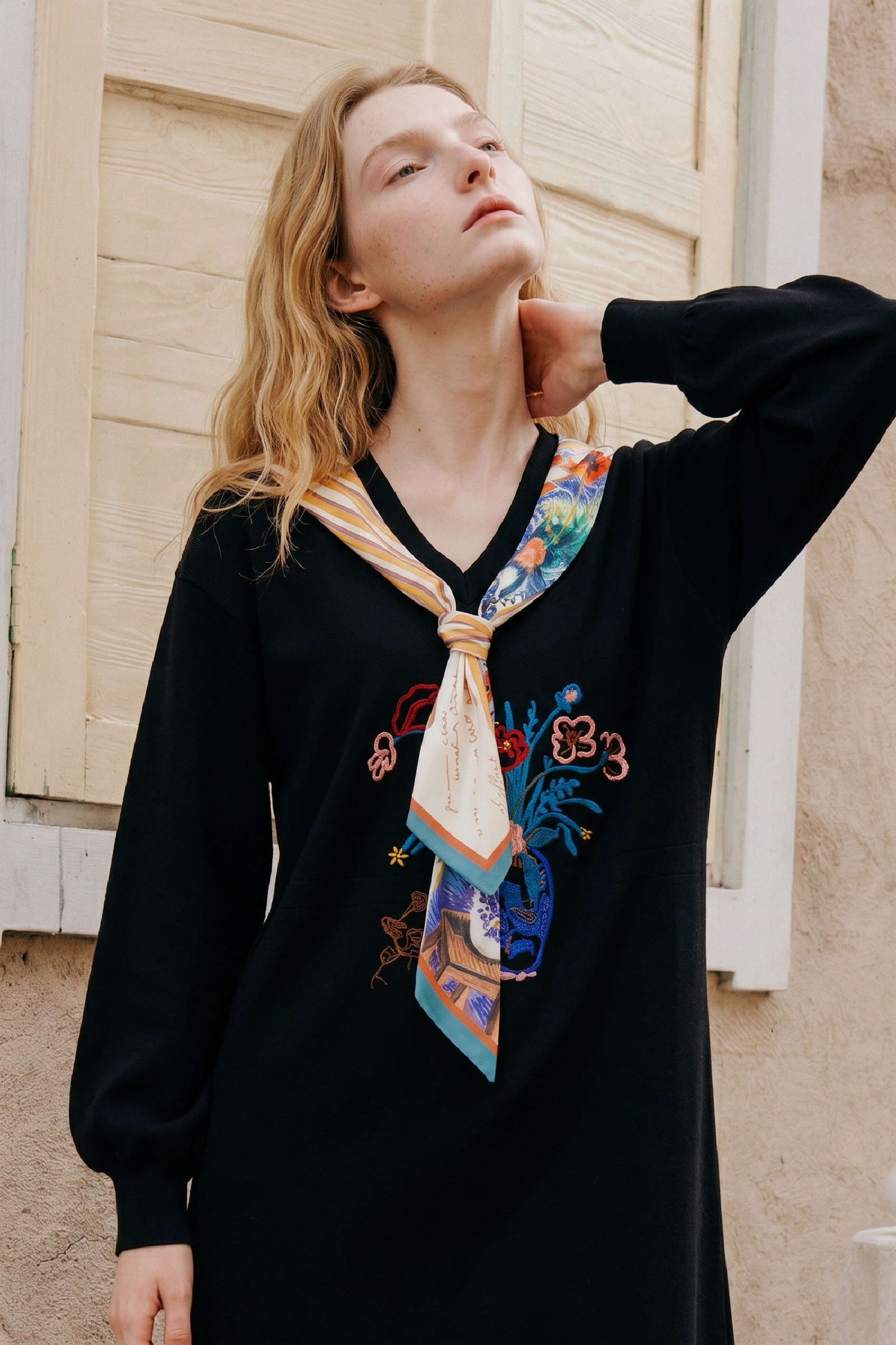 Spliced‑collar Long‑sleeve Dress-LYONSENS