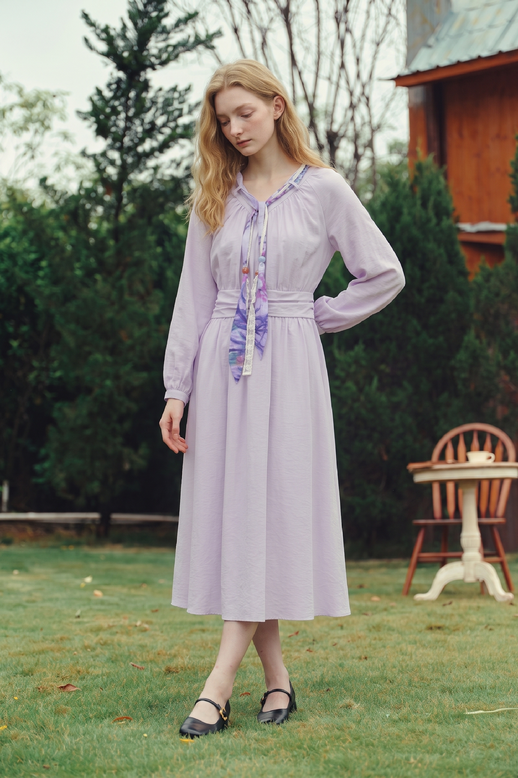 Lavender Tie-Waist Midi Dress-LYONSENS