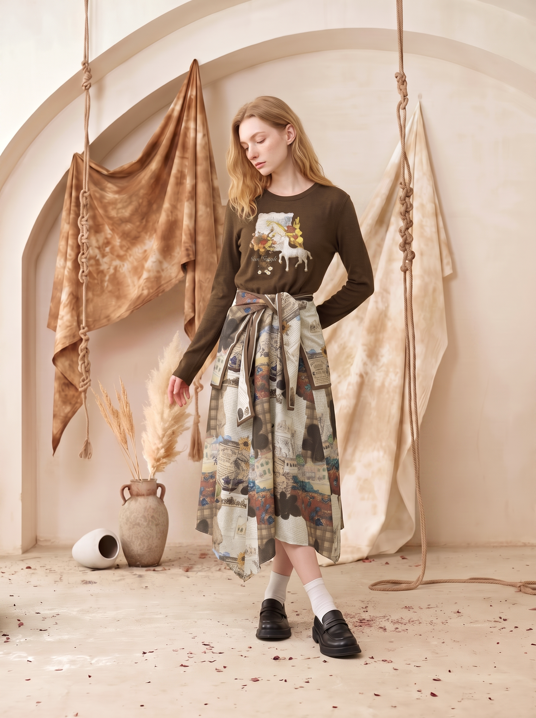 Printed Patchwork Waist-Defining Maxi Dress