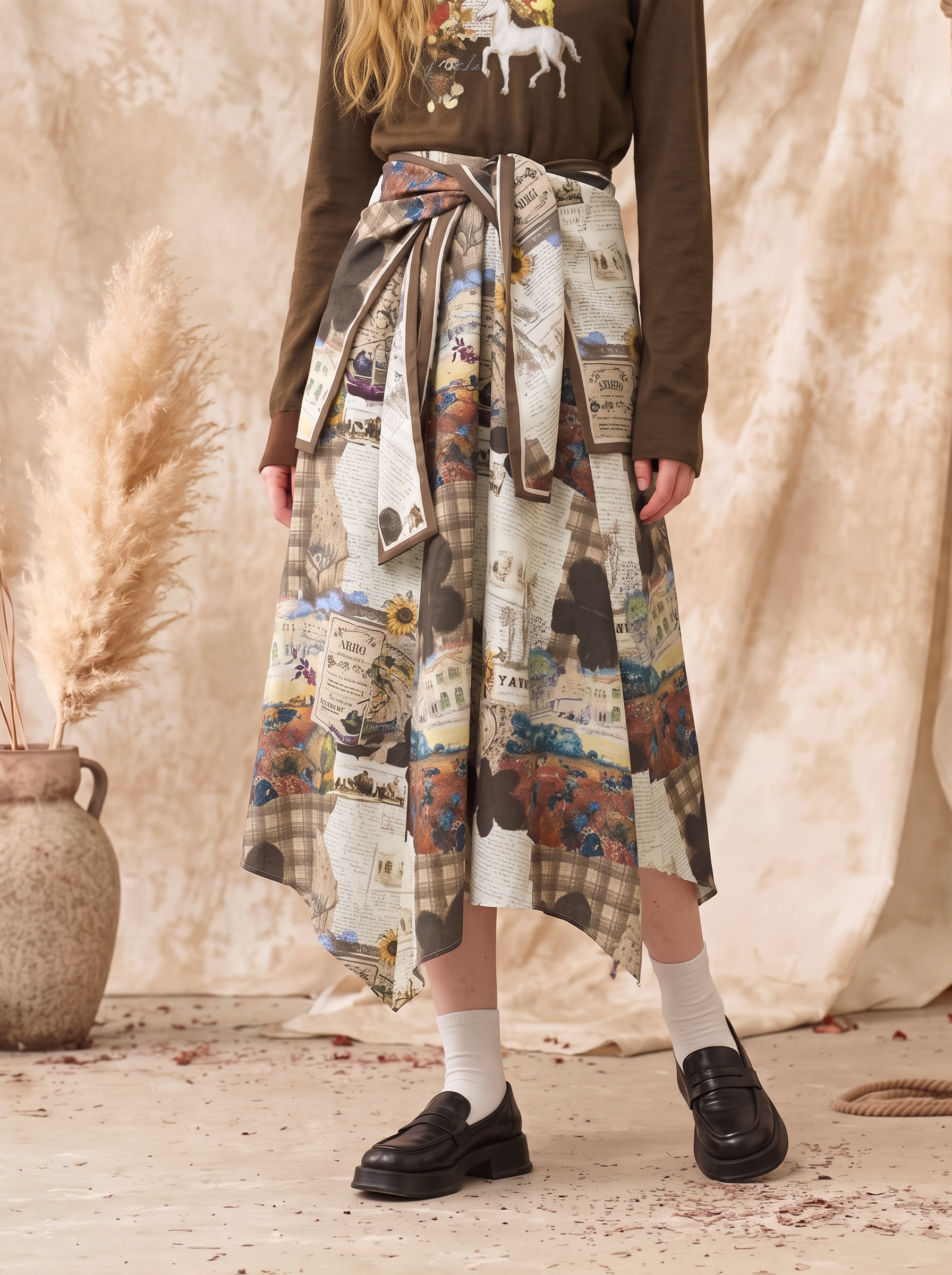 Printed Patchwork Waist-Defining Maxi Dress