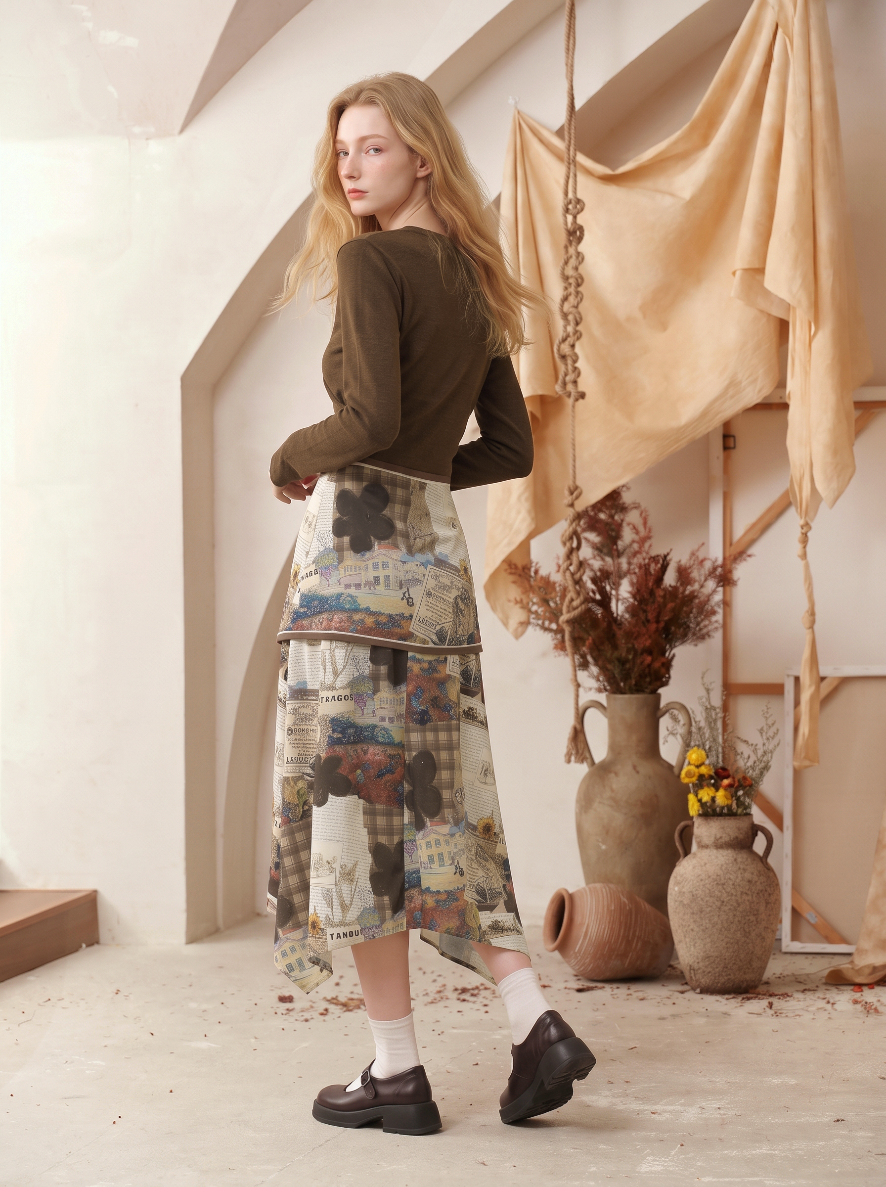 Printed Patchwork Waist-Defining Maxi Dress