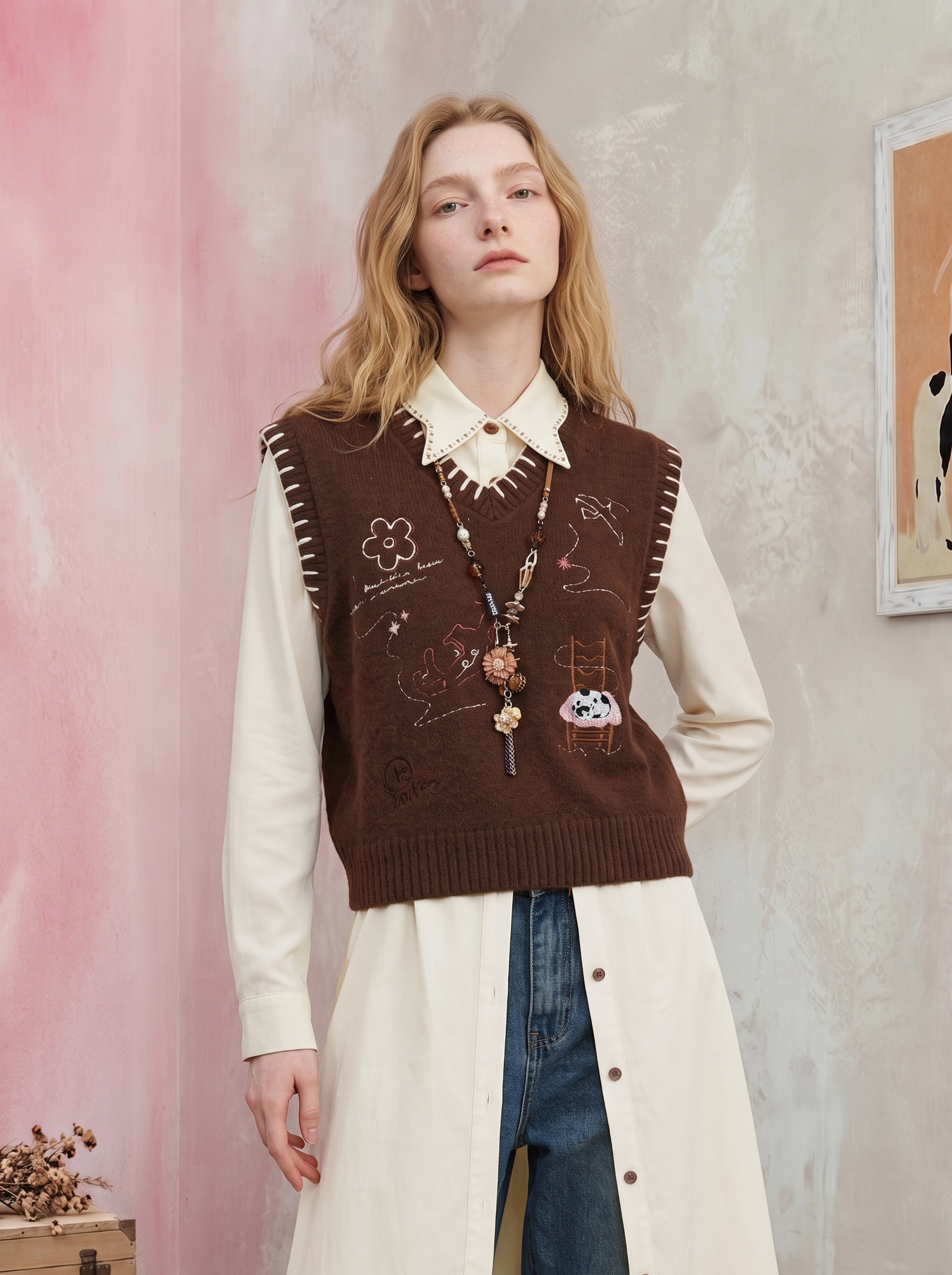 Brown V-Neck Sleeveless Knit Vest