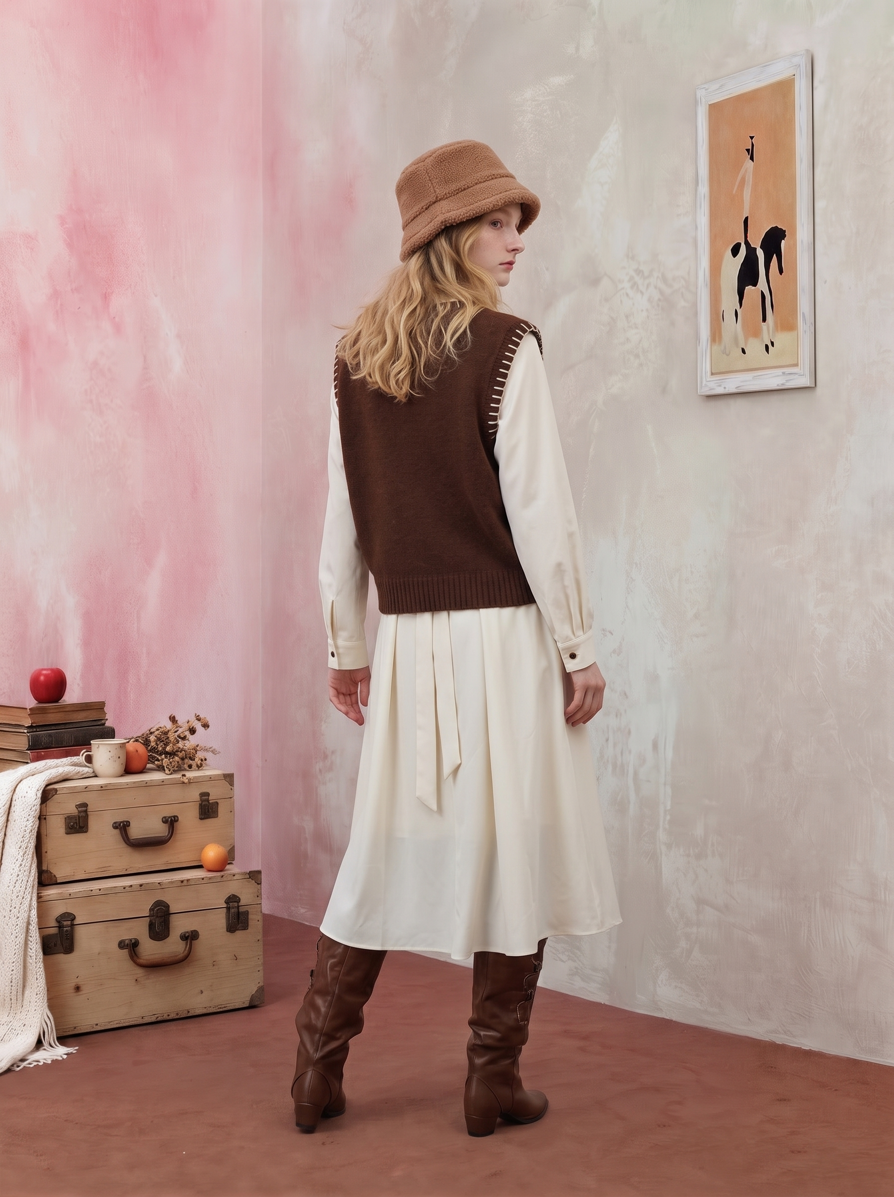 Brown V-Neck Sleeveless Knit Vest