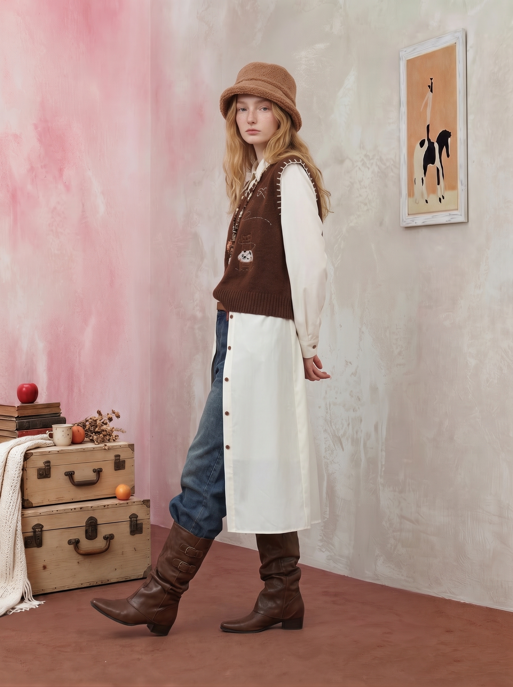Brown V-Neck Sleeveless Knit Vest