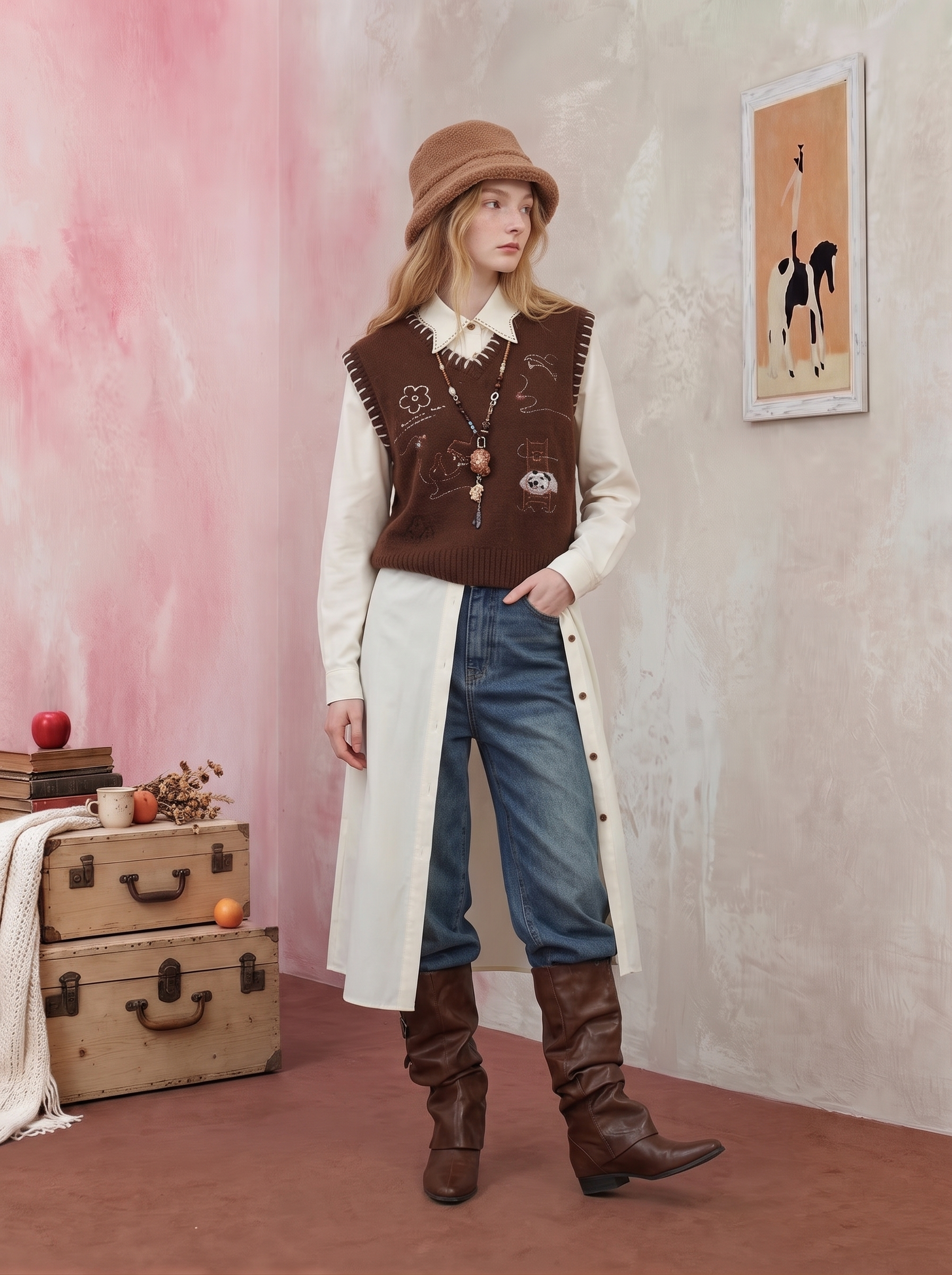 Brown V-Neck Sleeveless Knit Vest