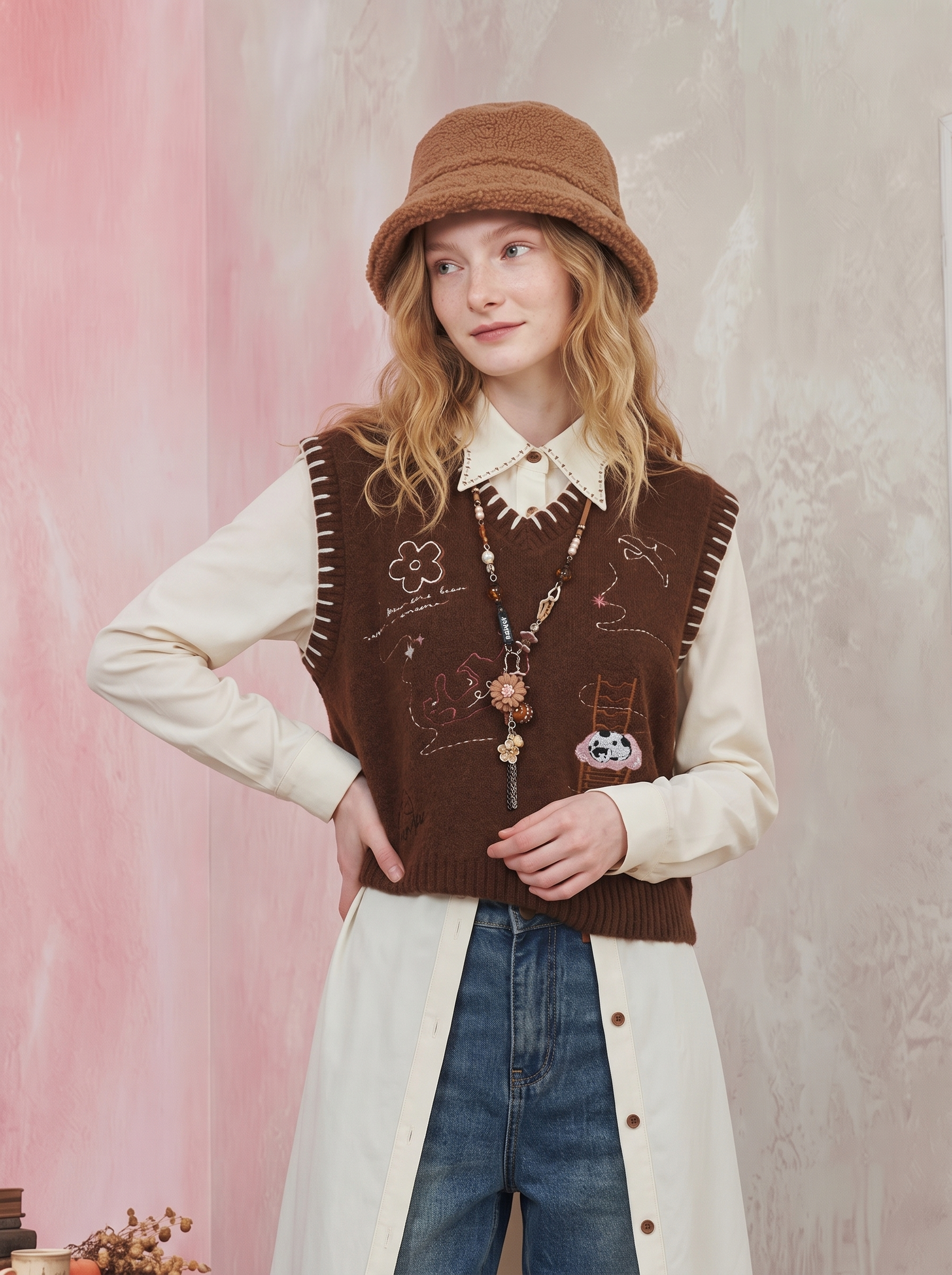 Brown V-Neck Sleeveless Knit Vest
