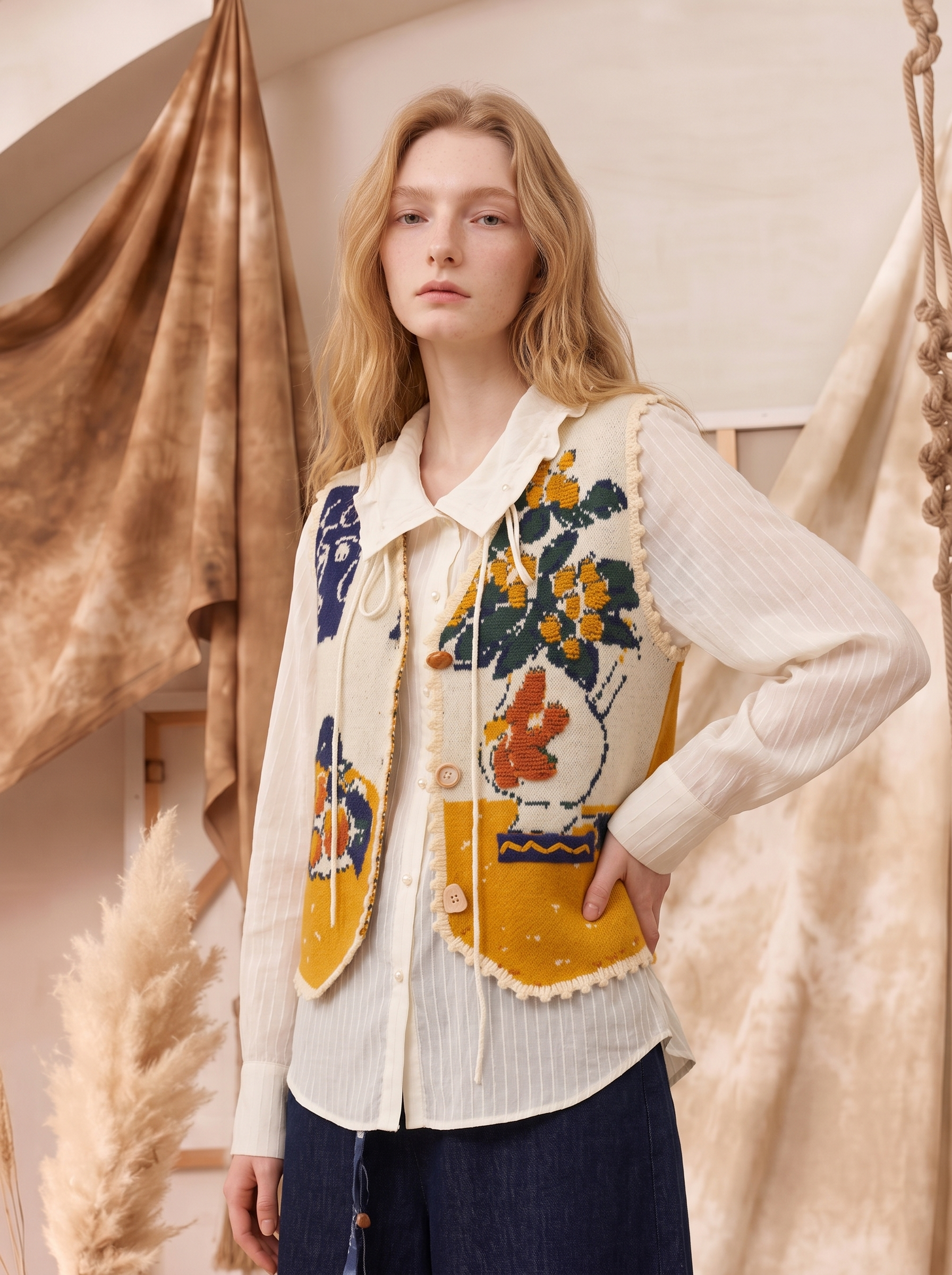 Chinese Painting Floral Patchwork Raw-Edge Vest