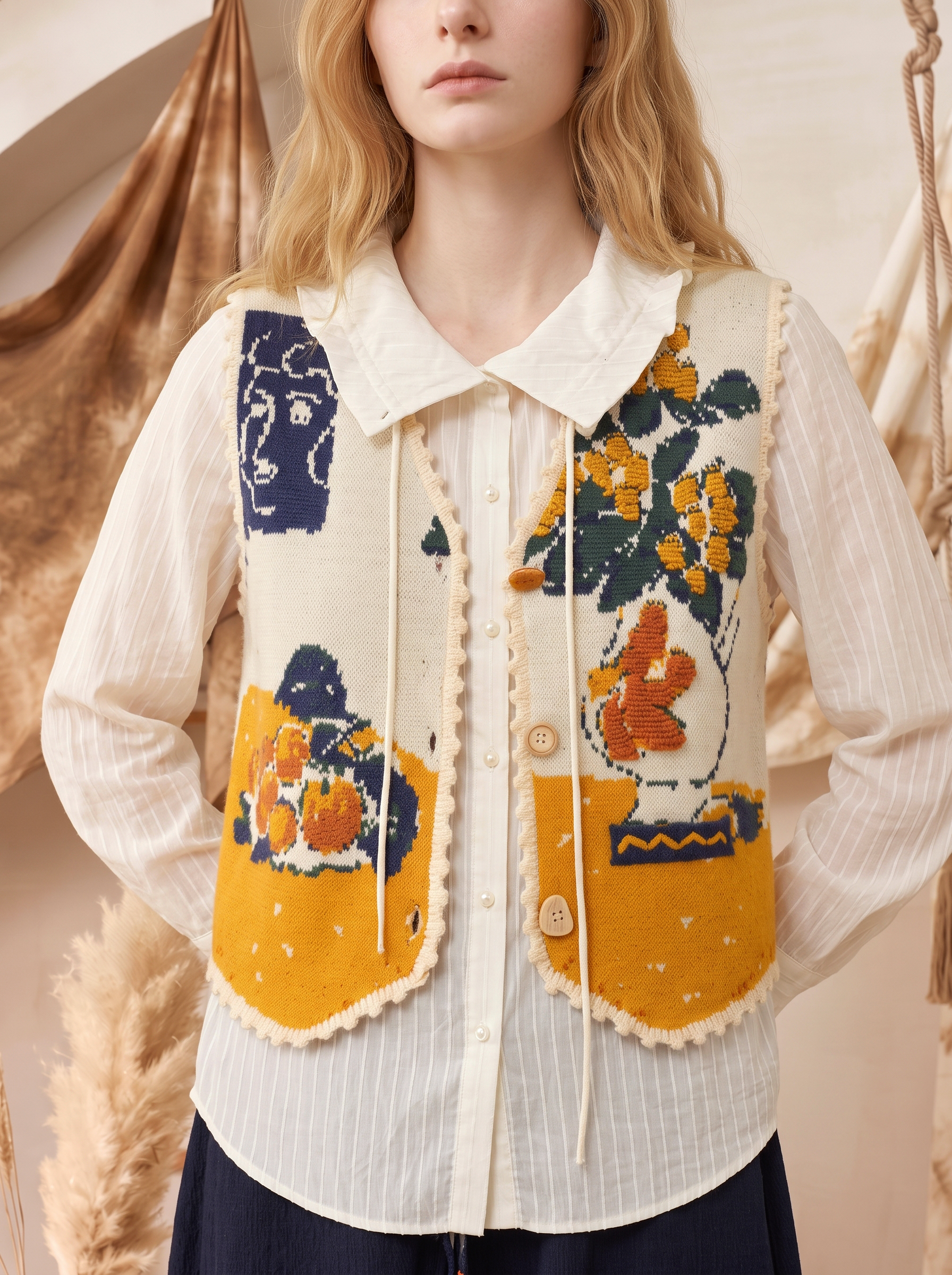 Chinese Painting Floral Patchwork Raw-Edge Vest