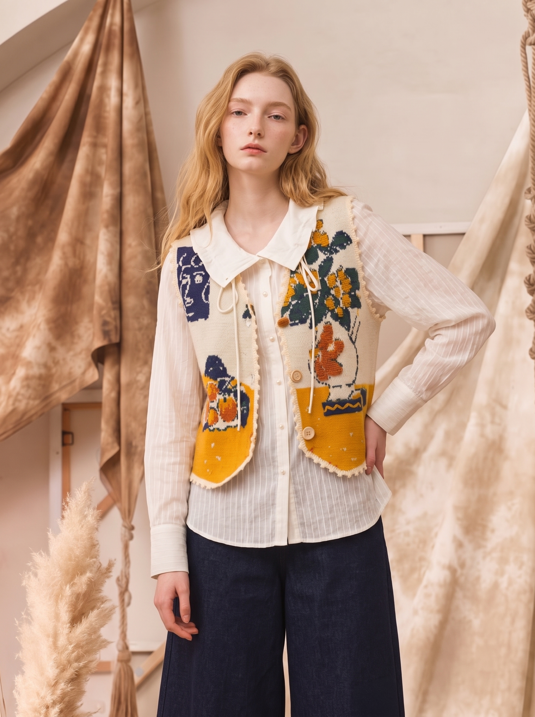 Chinese Painting Floral Patchwork Raw-Edge Vest