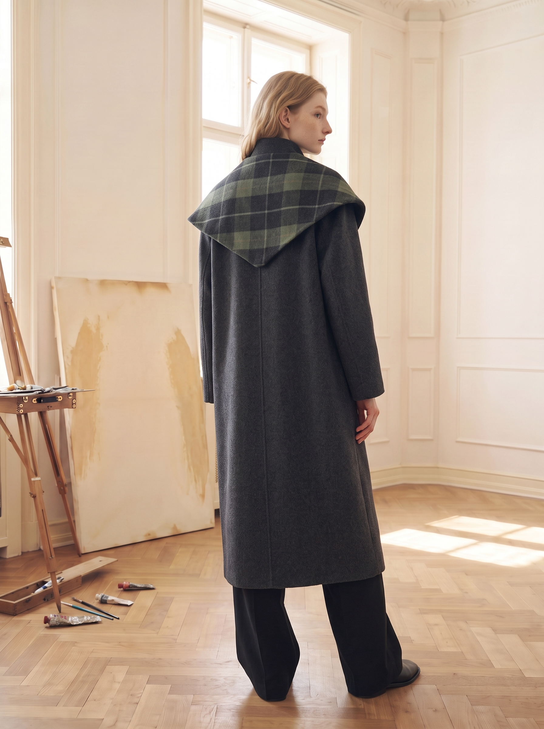 Plaid Oversized Collar Bow Wool-Blend Cropped Jacket