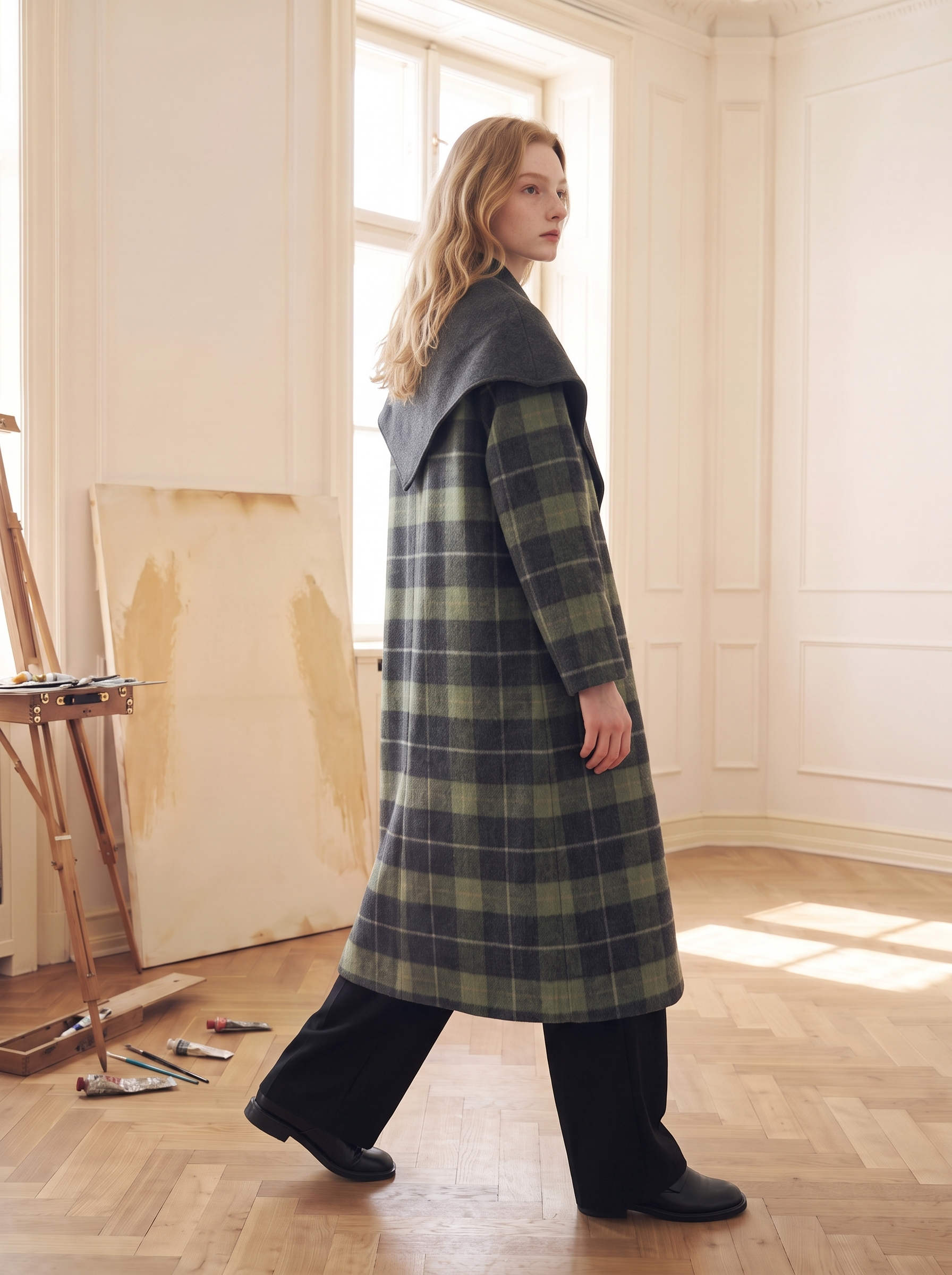 Plaid Oversized Collar Bow Wool-Blend Cropped Jacket