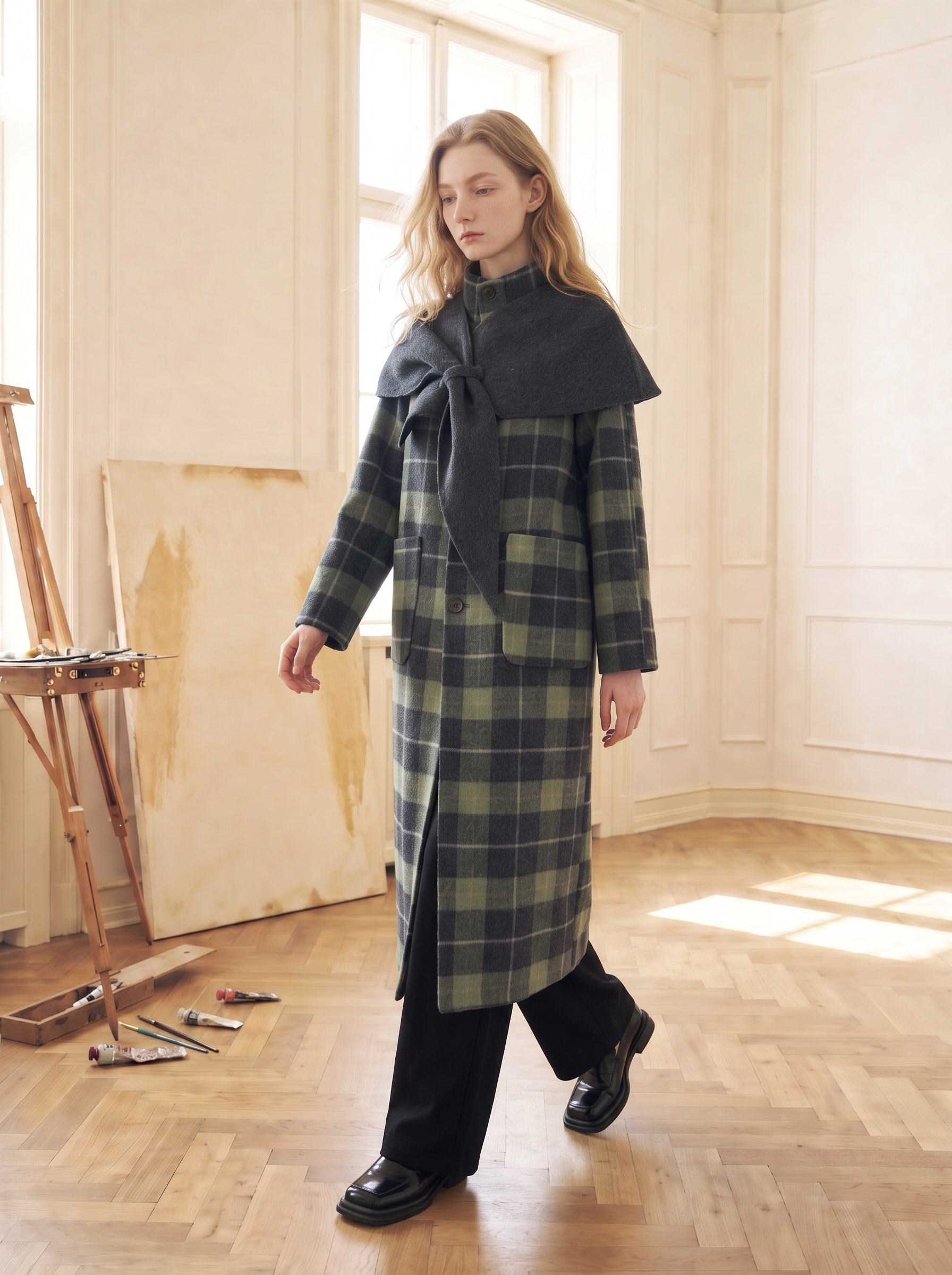 Plaid Oversized Collar Bow Wool-Blend Cropped Jacket