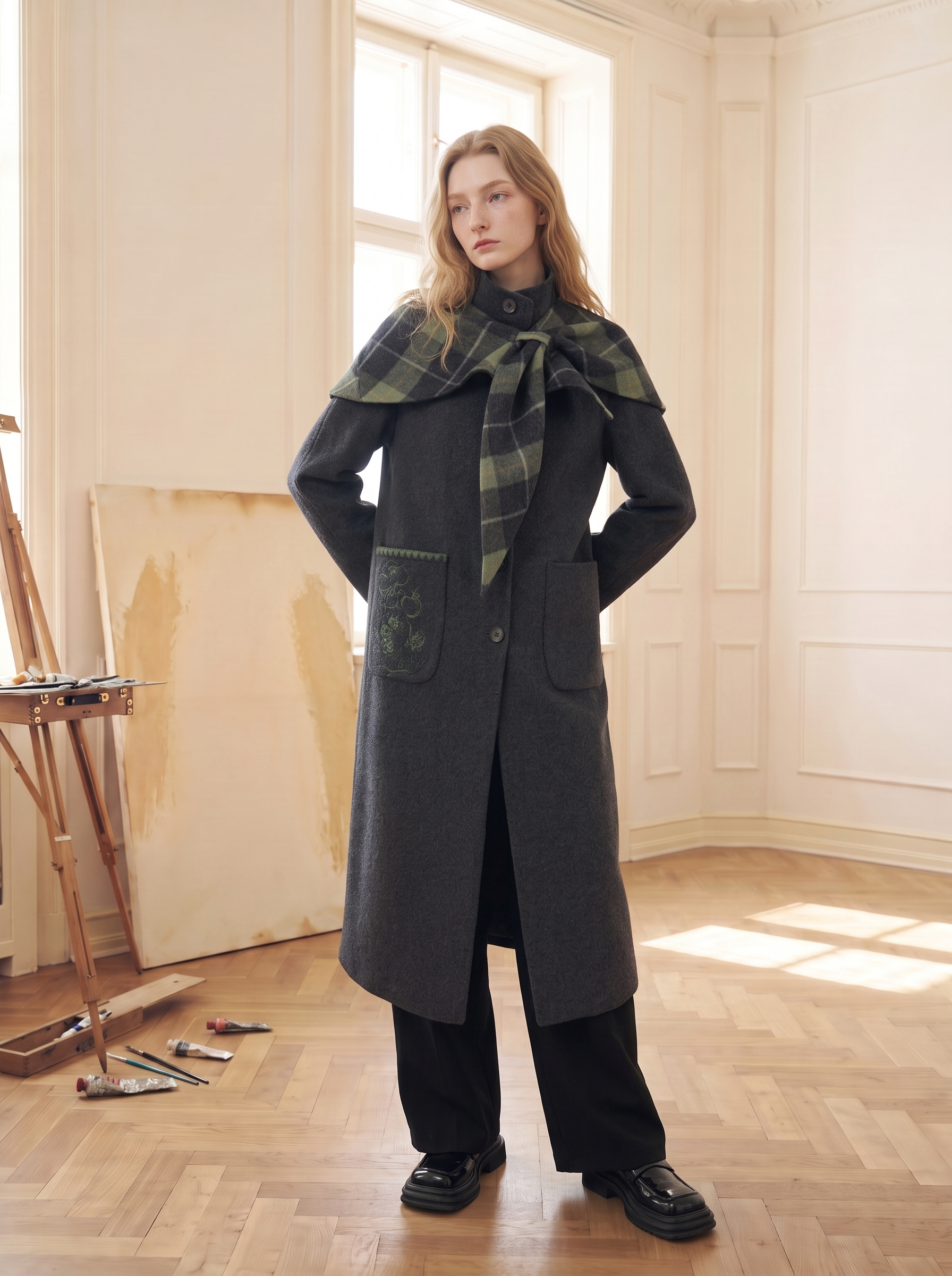 Plaid Oversized Collar Bow Wool-Blend Cropped Jacket