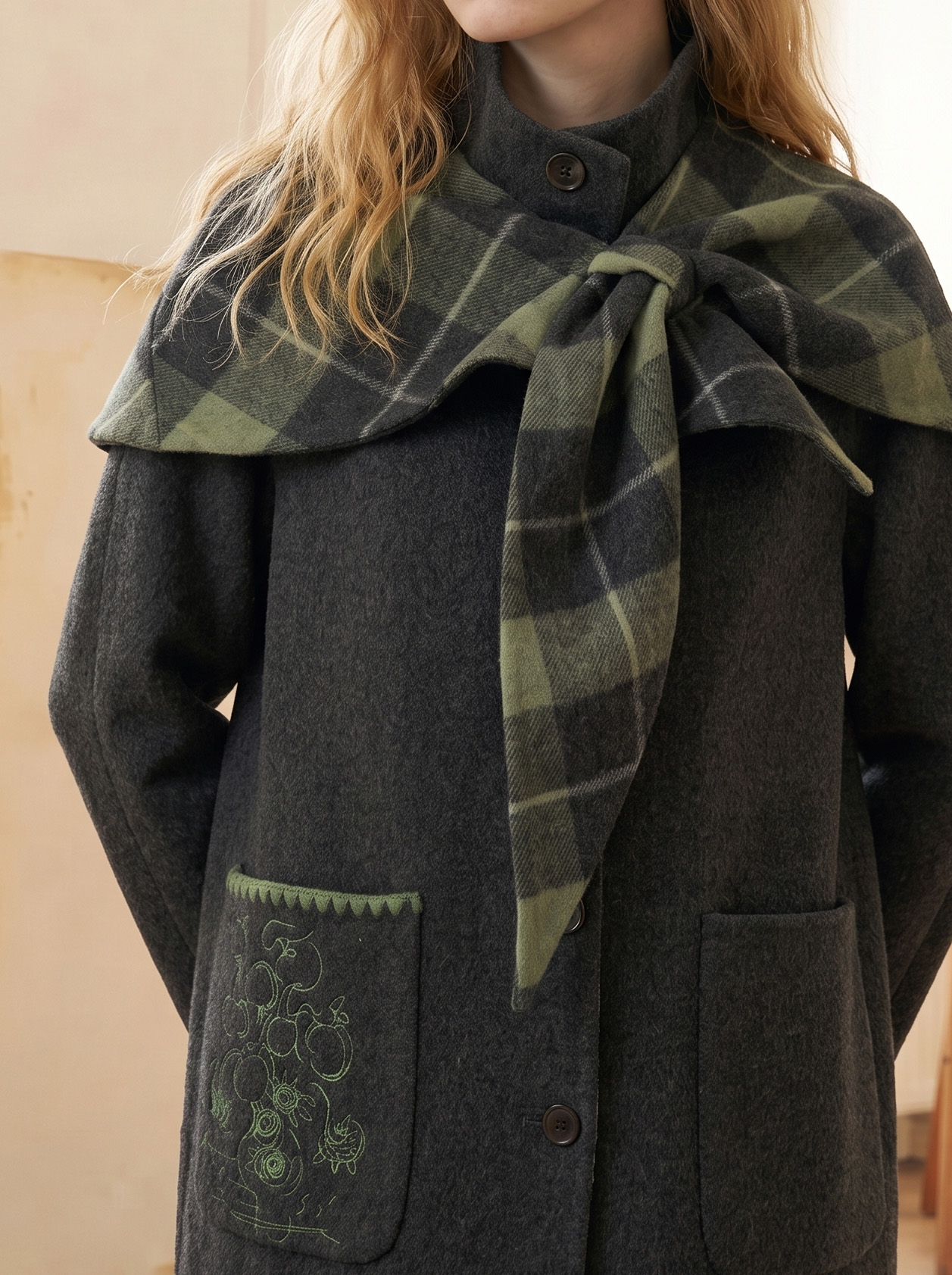 Plaid Oversized Collar Bow Wool-Blend Cropped Jacket