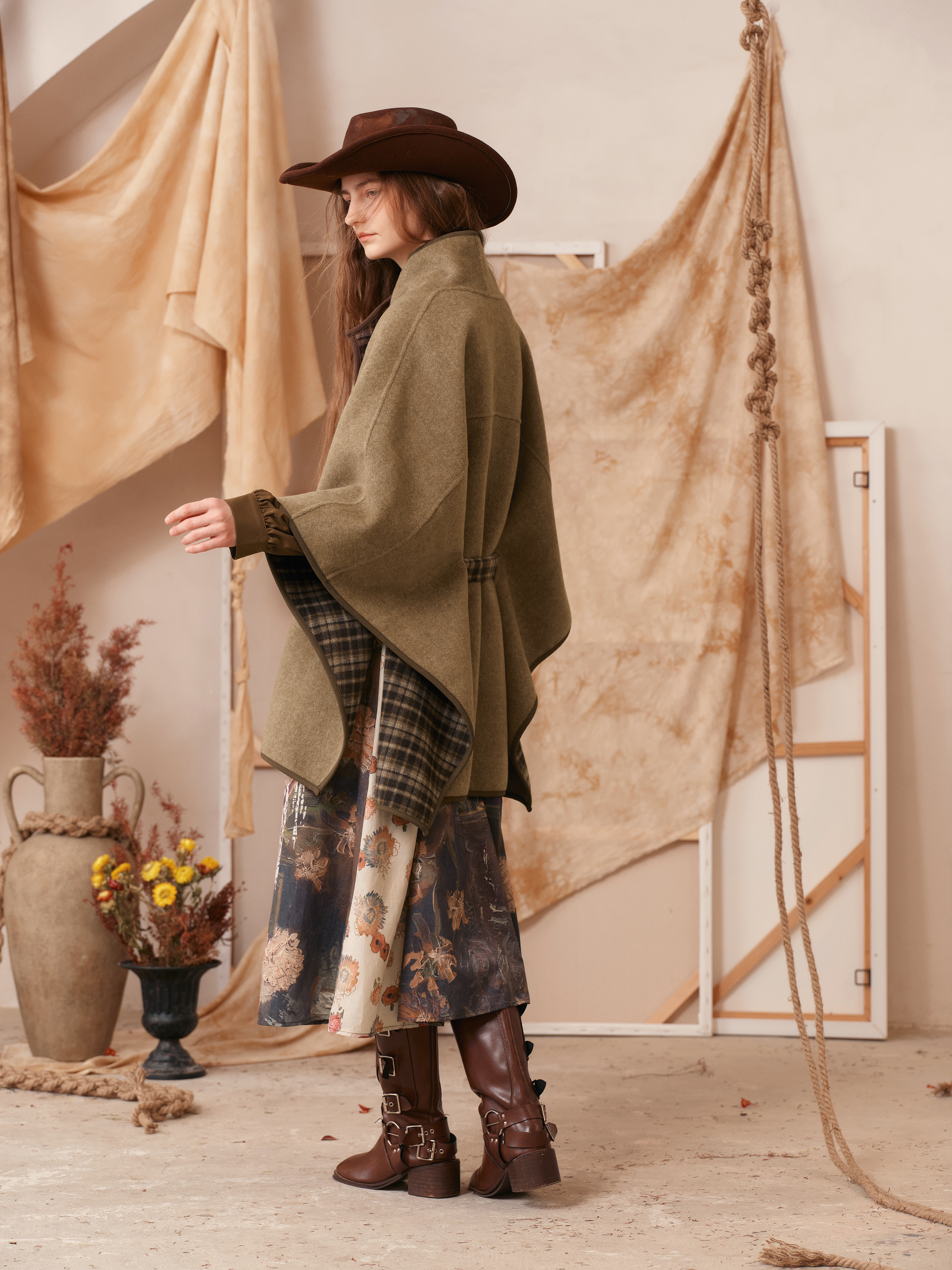 Brown Waist-Defining Cape-Style Wool-Blend Coat