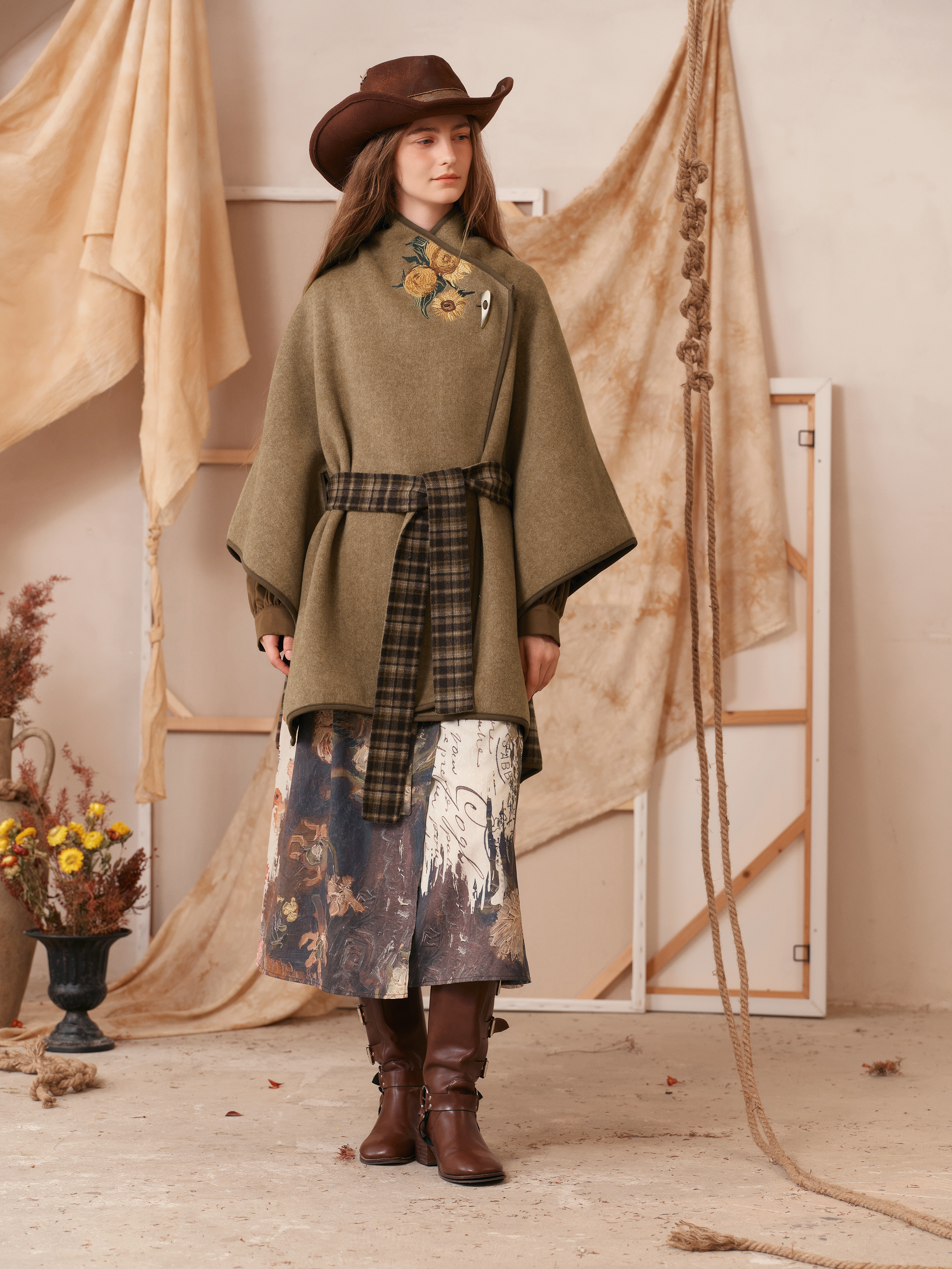 Brown Waist-Defining Cape-Style Wool-Blend Coat