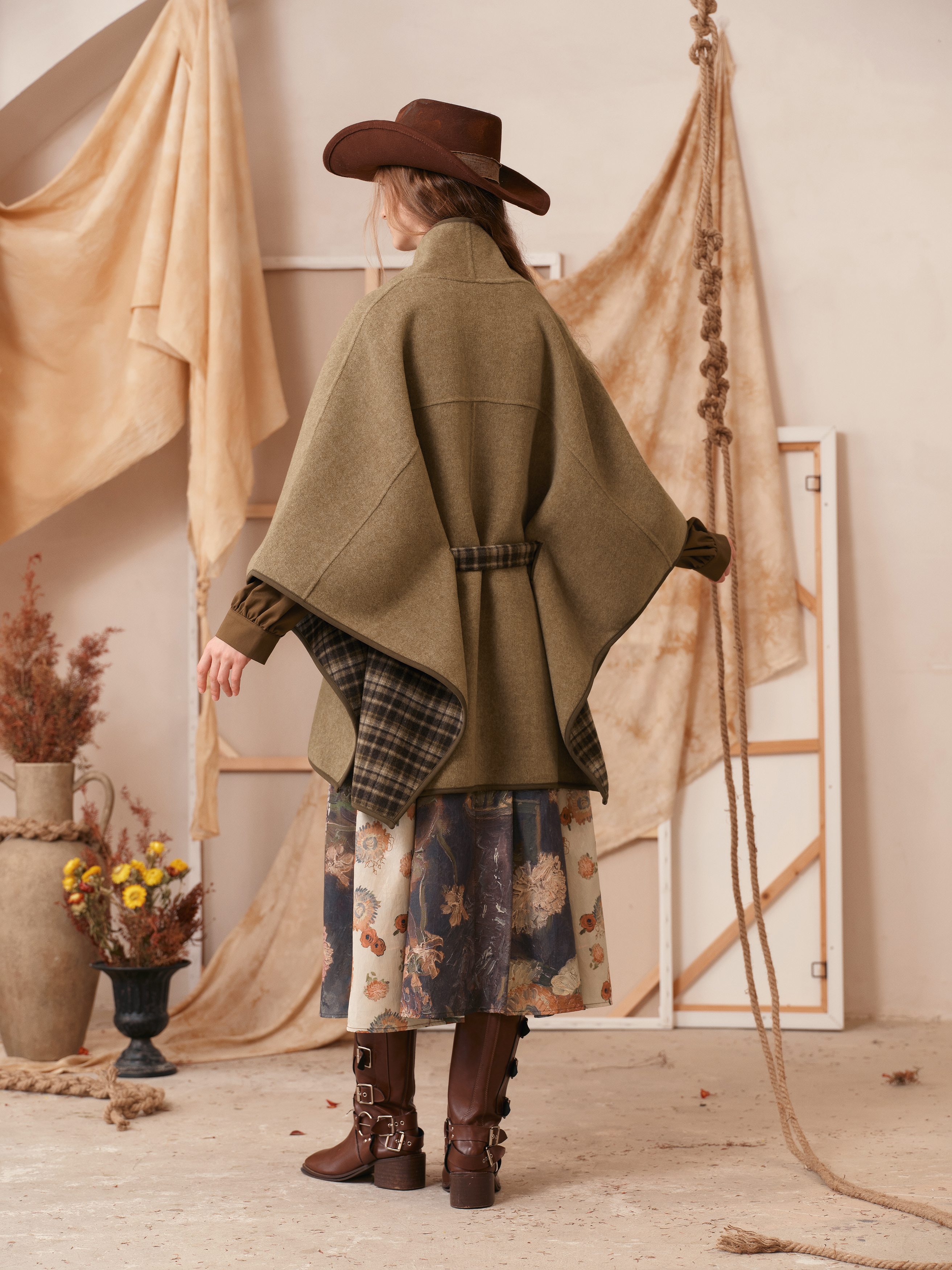Brown Waist-Defining Cape-Style Wool-Blend Coat